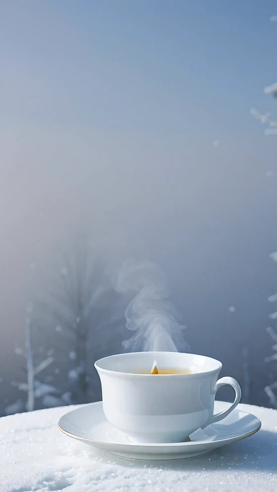 A cup of hot tea, snow, Porcelain tea cup, Swirling steam, Exquisite tea, Frost covered winter landscape, Comfortable atmosphere, Fine porcelain, Beautiful winter landscape, Soft candlelight, Quiet Moments, Steam comes out of the cup, snow-capped branches, Little Snow, Winter Wonderland