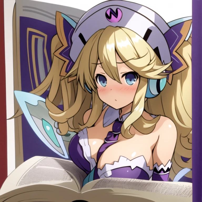 (extremely detailed:1.1),(highly detailed:1.1),(best quality:1.1),(masterpiece:1.1),  HistoireNeptunia, long hair, blue eyes, blonde hair, hair ornament, wings, fairy wings, bare shoulders, twintails,  book, white thighhighs, hat, necktie, purple dress, book, foggy style pose, breasts showing, nude breasts, huge breasts, thin clothing, huge ass, barely contained tits, ripped clothing, nervous expression