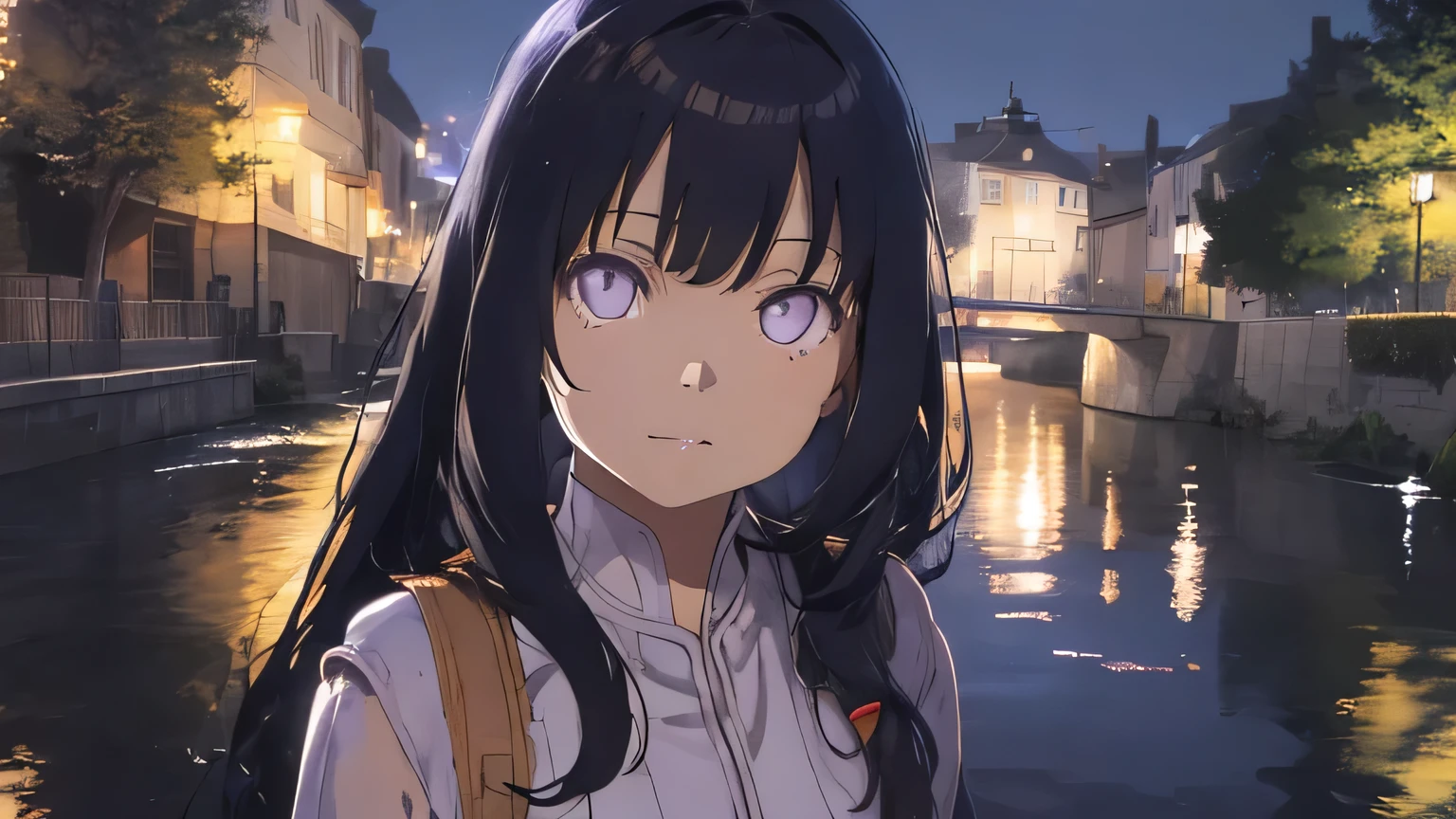 City Street。stroll。anime。Cute older sister。night。Blue Moment。Beautiful light blue night sky。anime style。Gentle lines。Upper Body。front。Looking into the camera。Please show me the wonderful scenery (highest quality, High resolution, Realistic), Vibrant colors, Professional Lighting.