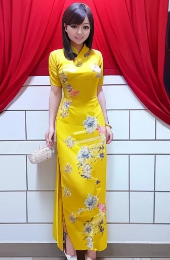 Wearing a yellow Chinese dress20Chinese woman in her late 20s、Long legy Anime、Full body shot from head to toe, front view