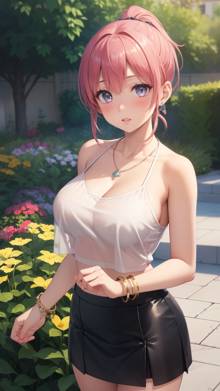 1girl, natural lighting, masterpiece, highly detailed, illustration, game CG, absurdres, high quality, aichan, large breasts, beautiful detailed eyes, medium bright pink hair, ponytail, bangs, glossy lips, nervous, blush, garden, halter top, microskirt, see-through skirt, bracelets, necklace, jewelry