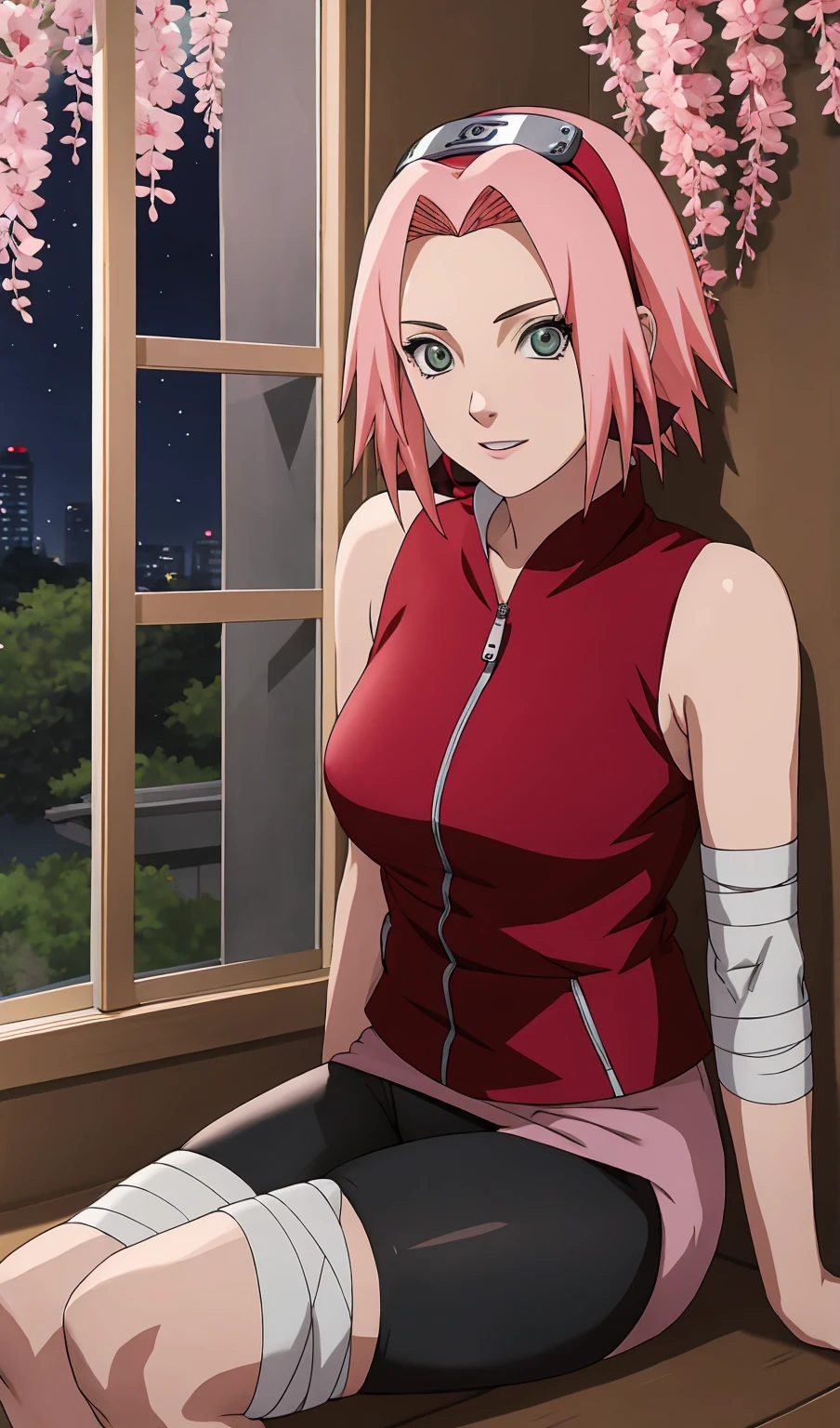 naruto_cherry blossoms_battle_自分ofワイフ,
1人of女of子, haruno sakura, short hair, ピンクof髪, 緑of目, Hair Intake, clavicle, Forehead protector, head band, Red Hairband, 木ノ葉隠れofシンボル,中くらいofおっぱい、
Exposing shoulders, bandage, Sleeveless jacket, Red jacket, Bike Shorts, 黒ofショートパンツ, Leg Wrap, bandageを巻いた足, Elbow pads, zipper, 
((masterpiece)),((highest quality)),(High resolution, Absurd), original, official_art, Bokeh, depth_of_Field, Wisteria, Loaded_interior,window_shade, indoor, Spotlight, night, Concentrated, View your viewers, alone, Cowboy Shot,