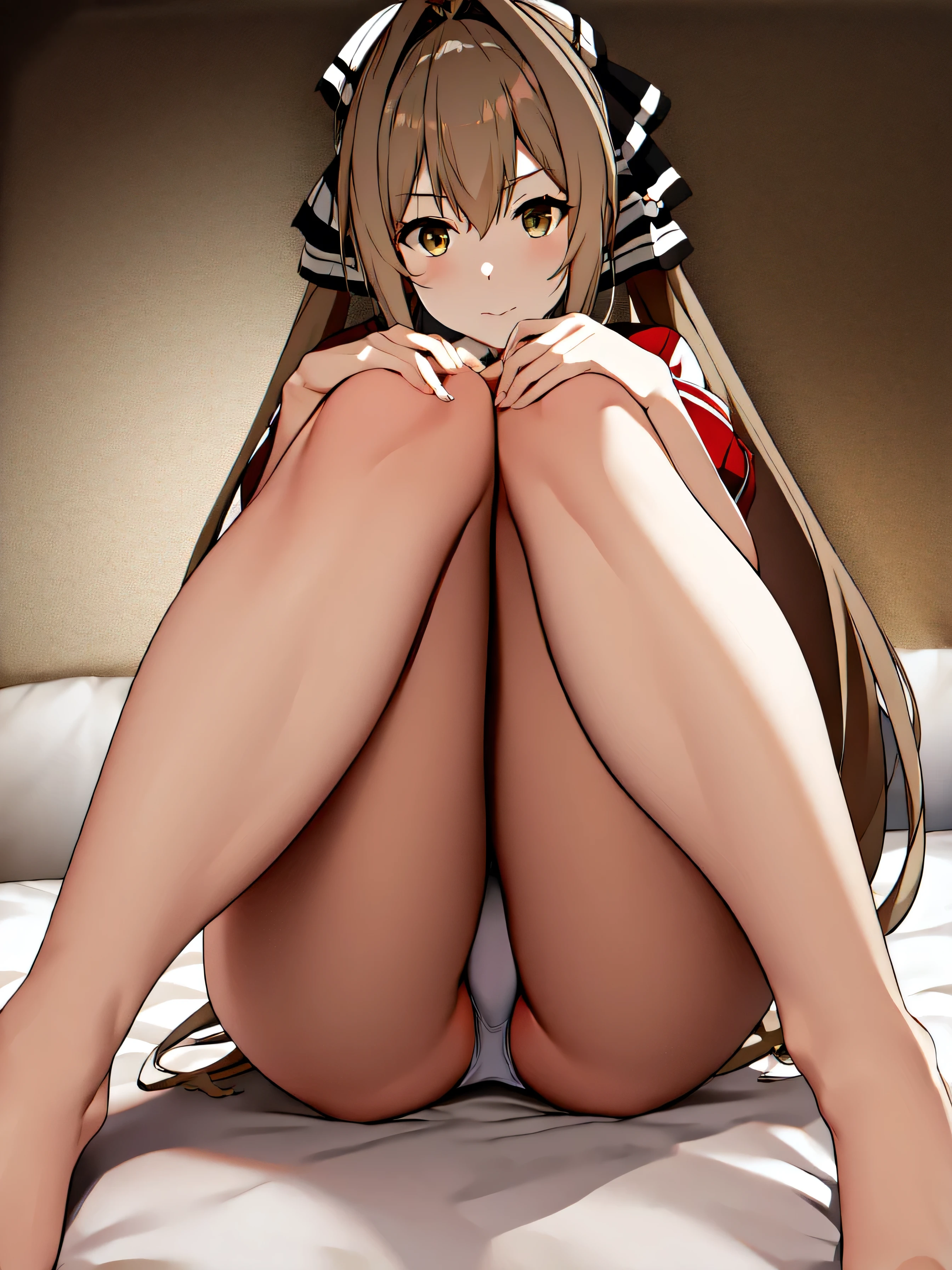 (knees together feet apart, sitting, panties, pantyshot), isuzu sento, Ahoge, Brown eyes, Light brown hair, Long Hair, ponytail, hair ribbon, on bed, bedroom,