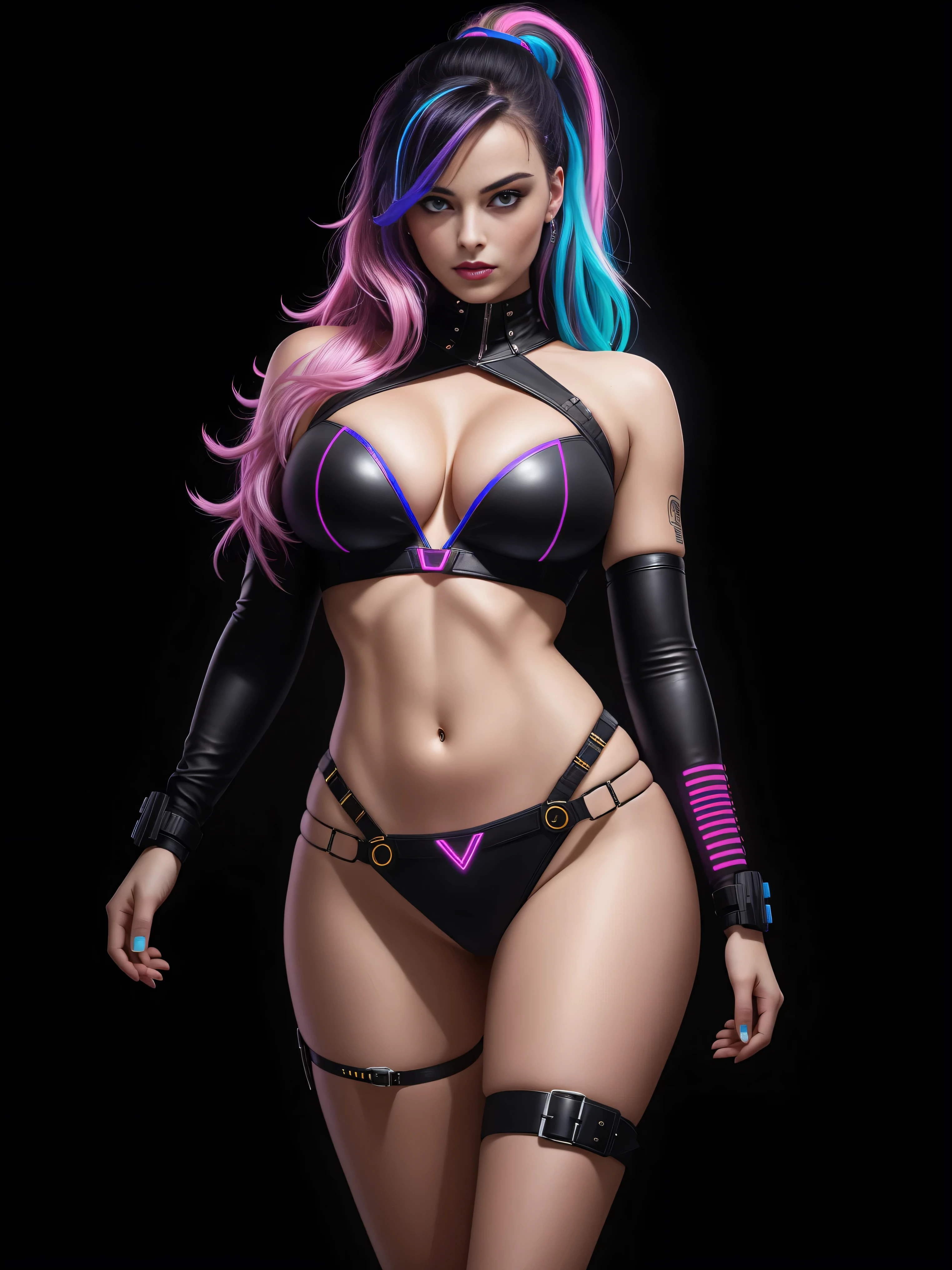 there is Margot Robbie, royal blue and bright purple neon streaked hair, hair in pony tail, 3 d neon art of a womans body, neon-noir background, cyberpunk femme fatale, seductive cyberpunk dark fantasy, cyberpunk strip clubs, cyberpunk 20 y. o model girl, oppai cyberpunk, banner, high definition cgsociety, cgsociety masterpiece, trending on cgstation, kda, random hair, looking at camera, gigantic breasts, cleavage, (high detailed skin:1.2), 8k uhd, dslr, super lighting, high quality, film grain, high res, highly detailed, hyper realistic, beautiful face, beautiful body, beautiful eyes nose lips, alluring expression, very bold, upper  visible, full body photo, standing legs apart, pale translucent glowing skin, most beautiful face, cute, (well defined pubic hair:1.2)), (dark plain black background:1.4))