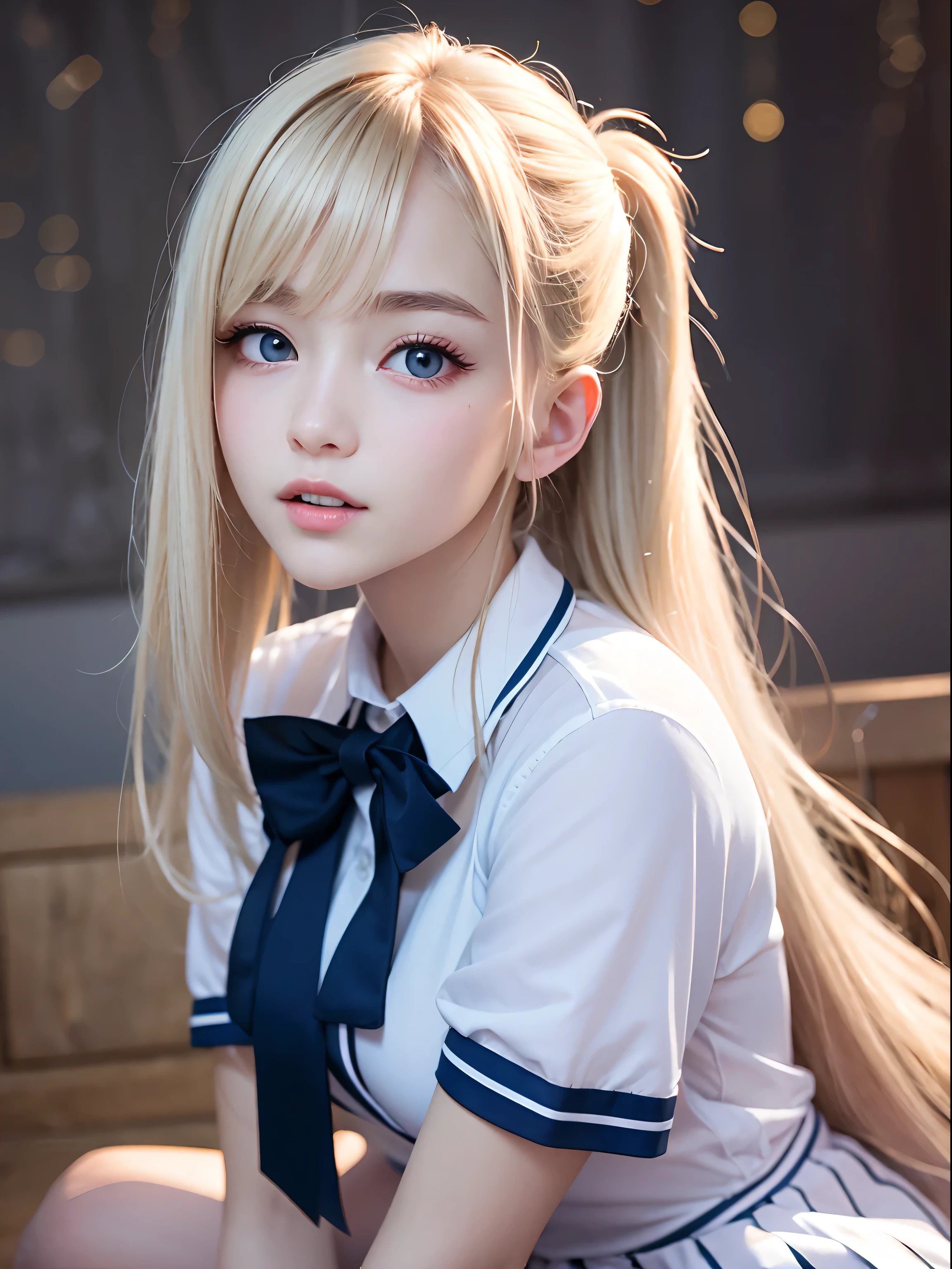 portlate、School Uniforms、bright expression、poneyTail、Young shiny shiny white shiny skin、Best Looks、Blonde reflected light、Platinum blonde hair with dazzling highlights、shiny light hair,、Super long silky straight hair、Beautiful bangs that shine、Glowing crystal clear attractive big blue eyes、Very beautiful nice cute 16 year old girl、Lush bust