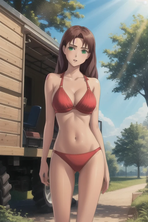Olga Dmitrievna, 1 Girl, One, long hair, I stand and look at the viewer, in a red bra, in a red bikini, Brown hair, long sexy legs, sexuality, wound, green eyes, On open air, parted lips, day, soft skin, tree, Sun Ray, land vehicle, bright acid colors