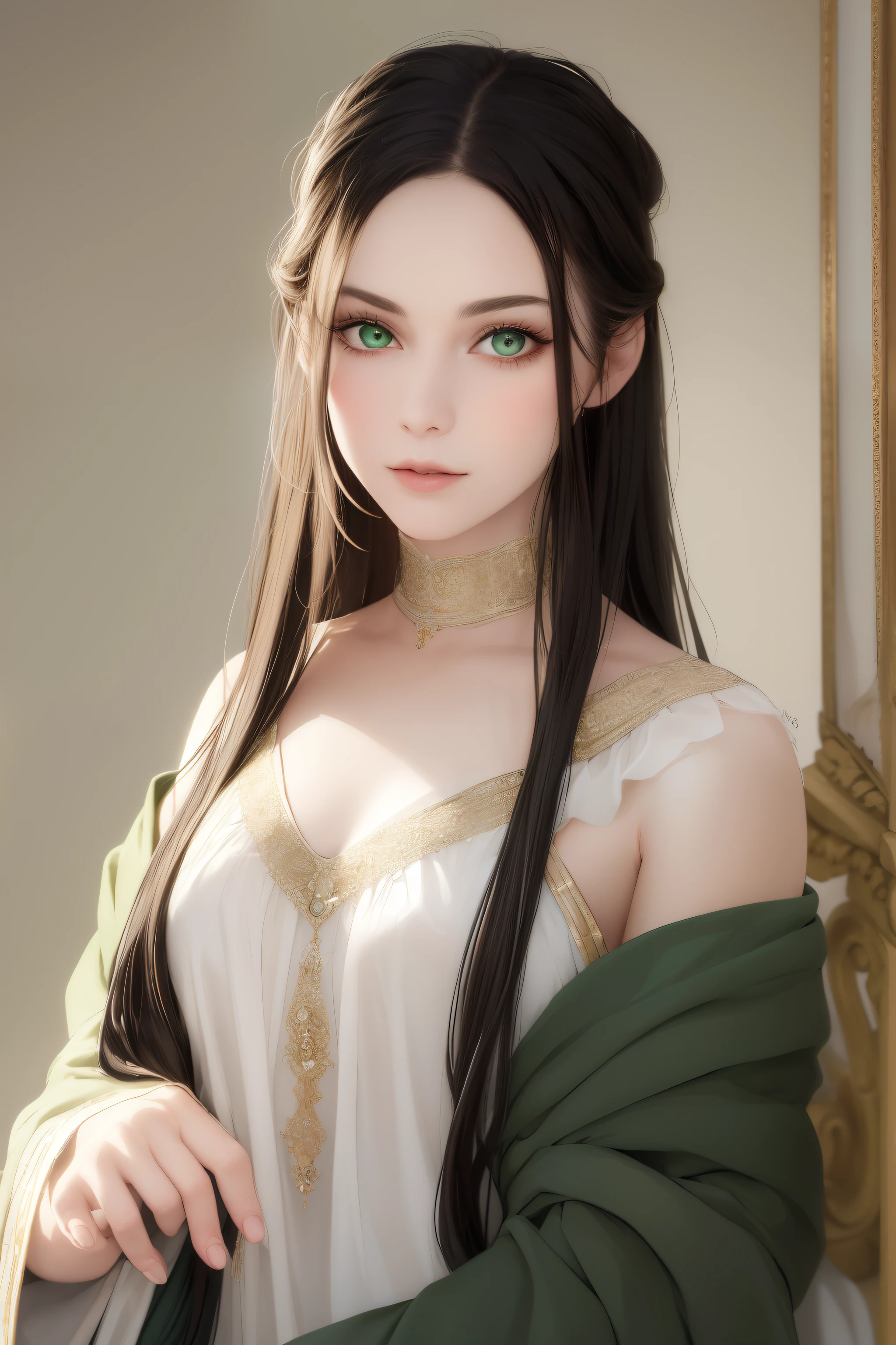 Best quality, 4 k, High quality, Masterpiece :1.2), super detailed, realistic, green eyes, long eyelashes, smooth white skin, long black hair, young, 18 years old, Ancient Greek costume, portrait, female, soft lighting. Upper body: The upper part of the body