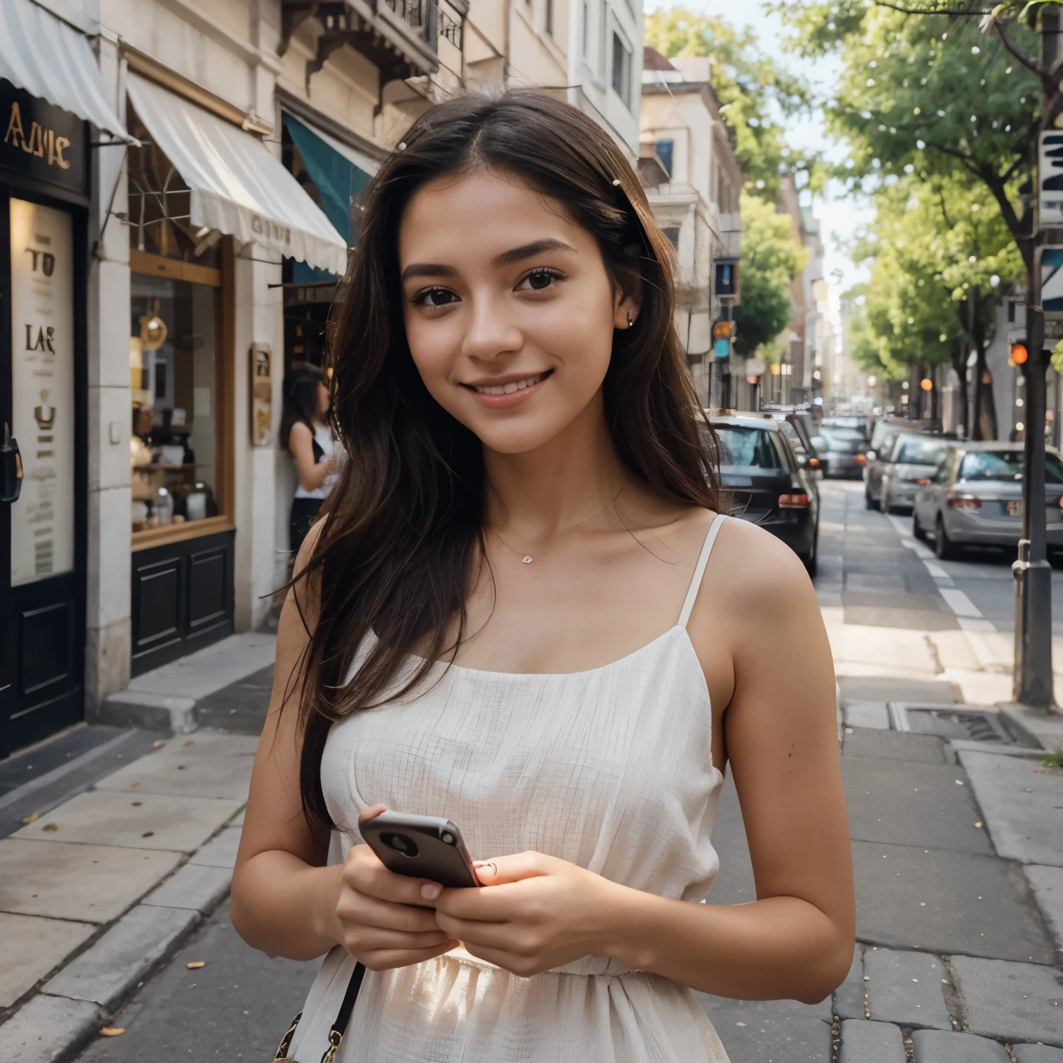 Genera una imagen realista de una chica influencer con cabello rubio, with delicate features and radiant expression, holding her cell phone in front of her while smiling and posing for a selfie. La luz del sol ilumina su rostro suavemente, destacando su belleza natural. El fondo muestra un entorno moderno y vibrante, like a city street or a trendy cafe