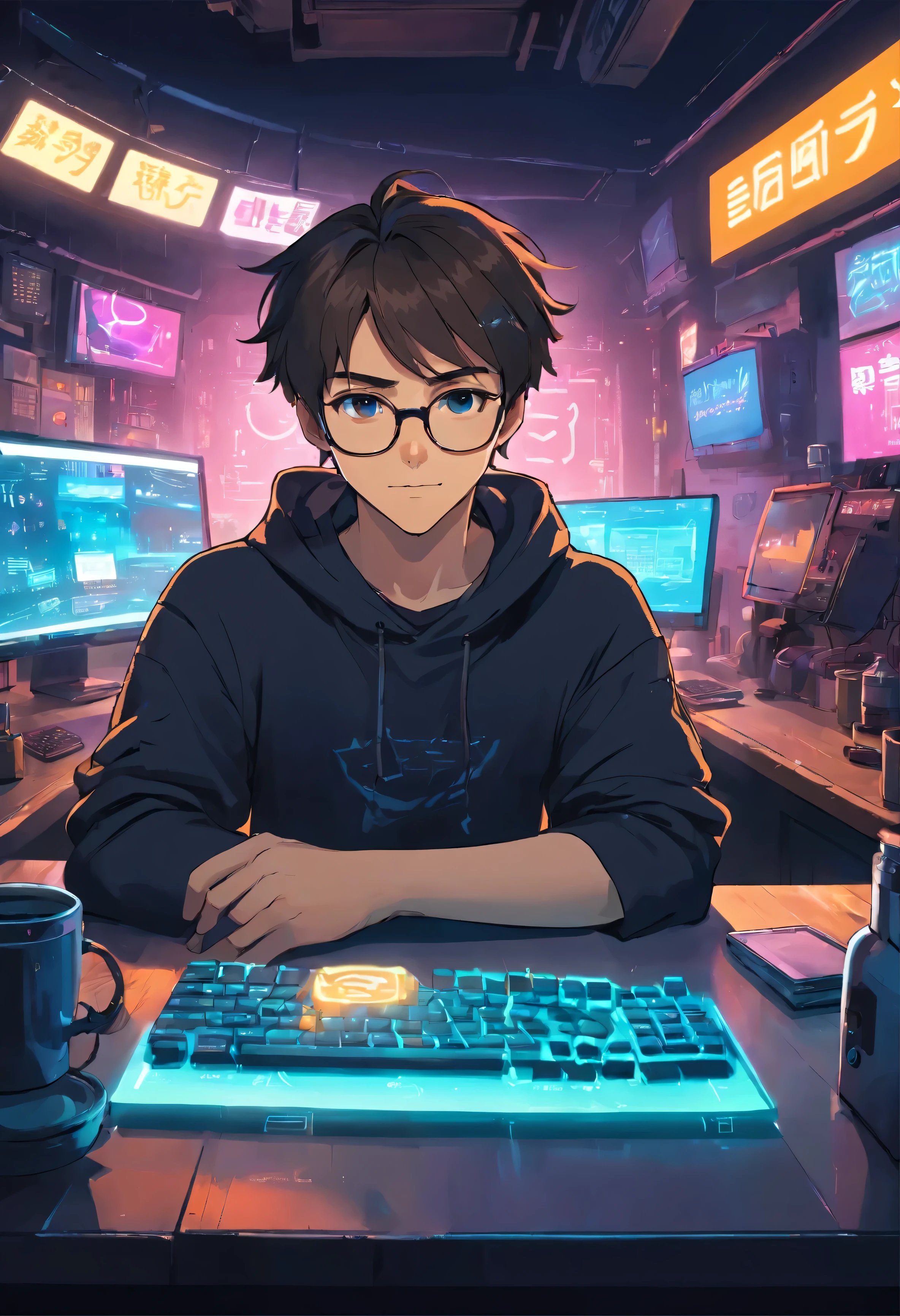 original, Wide angle, In a bright cafe、A man wearing glasses is sitting in a chair in front of a futuristic computer screen., 30 years old,White Skin, Black Hair, Wavy Hair,Shoulder-length hair,Software Development Engineer.,Bear typography,small beard,Black T-shirt,Black trousers,White, A coffee cup is placed on the table., Displaying star information, hardware, Bright environment, Neon Light, ((Cyberpunk Personalities))Facing forward、wearing black food, sitting at a morden marble desk looking into the camera , the man is wearing a dark grey hoodie , filmmaker neon blue background, scruffy short brown hair, hands on table ,clear skin texture ,cinematic , warm, soft lighting ,close portrait smiling, 24mmlens,f/1.4, 9:16, in the style of a disney pixar character.