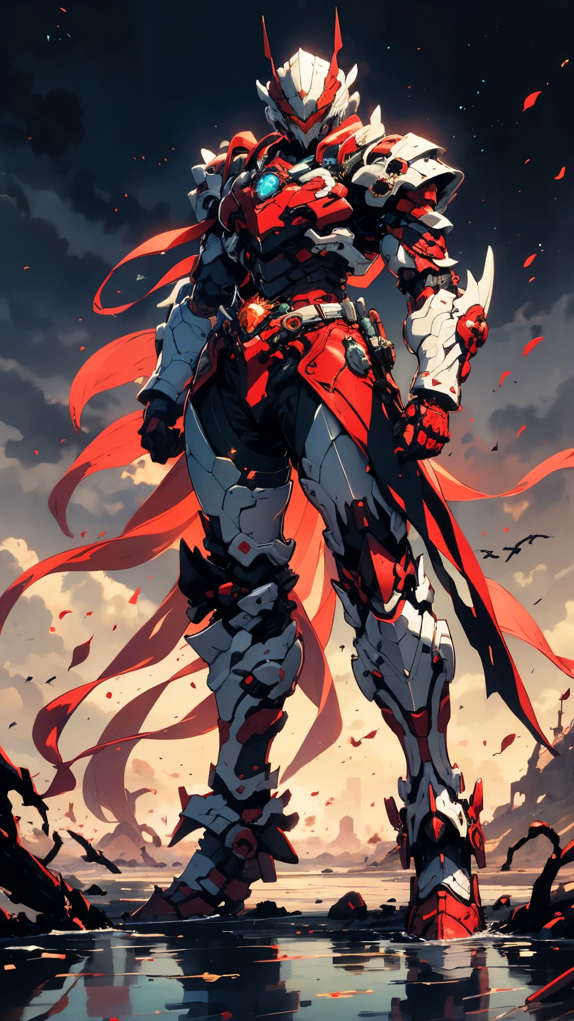 A man wearing a full-face helmet, a fantasy-style biotech armored combat suit, green eyes, (a composite layered chest armor), fully enclosed shoulder guards, matching arm and leg guards, the belt is adorned with Rose-shaped gemstone, (the color scheme is primarily white with red and blue accents), the design balances heavy with agility, a high-tech bio-mecha armor, (Armor Concept Inspired by Rose, stand on the top of a skyscraper in a futuristic sci-fi city), this character embodies a finely crafted fantasy-surreal style armored hero in anime style, exquisite and mature manga art style, (battle damage, element, plasma, energy, the armor glows), ((male:1.5)), metallic, real texture material, dramatic, high definition, best quality, highres, ultra-detailed, ultra-fine painting, extremely delicate, professional, perfect body proportions, golden ratio, anatomically correct, symmetrical face, extremely detailed eyes and face, high quality eyes, creativity, RAW photo, UHD, 32k, Natural light, cinematic lighting, masterpiece-anatomy-perfect, masterpiece:1.5