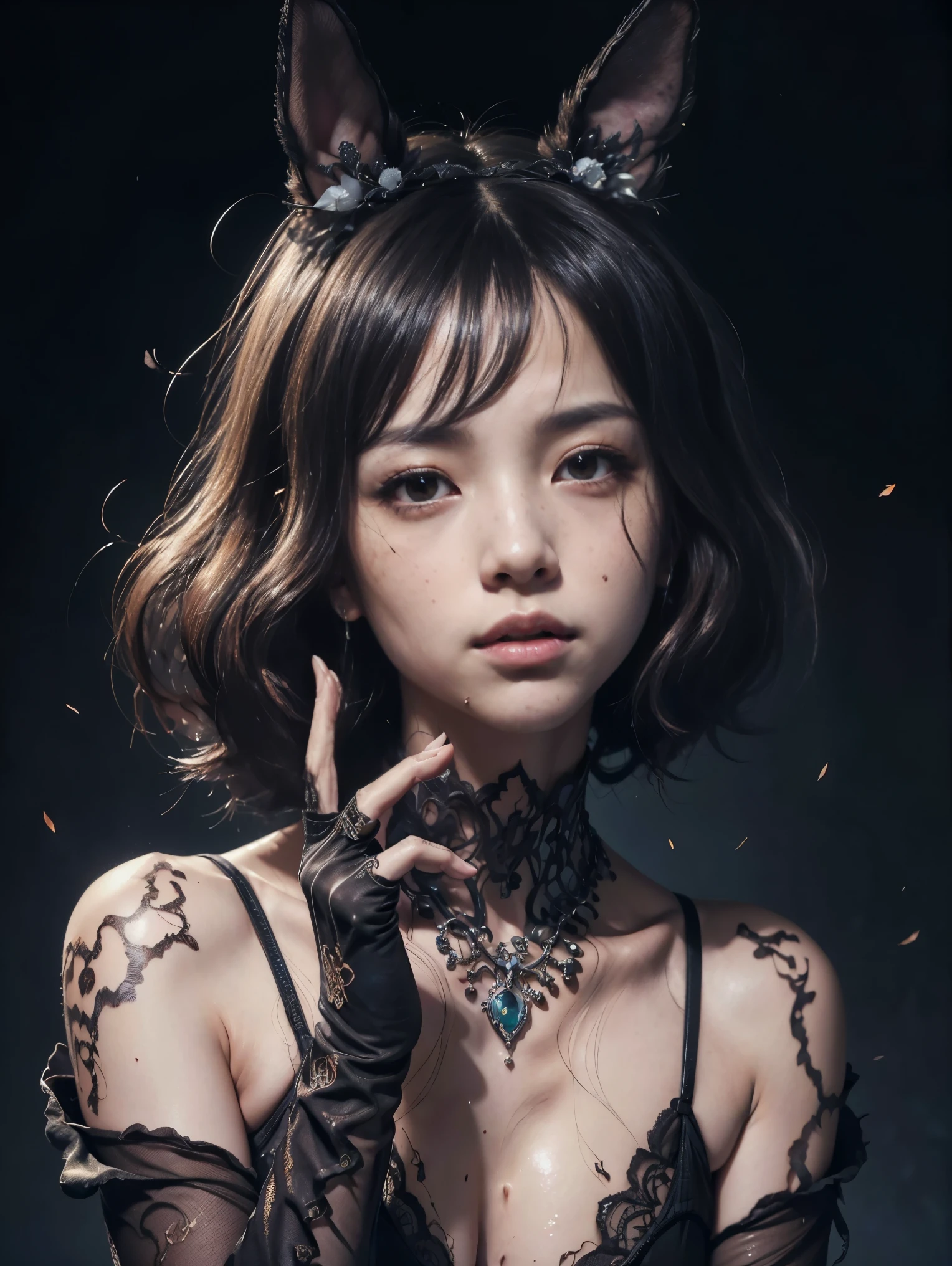 (((In 8K. HDR.Hyperrealism、masterpiece1.2、wlop1.2、Cinematic、detailed explanation、Live Photo 1.2, Highest quality 1.3、 Super detailed 1.3、masterpiece:1.3、Very detailed、Perfect Shading、Low angle full body shot 1.2、1 photo、Commercial Photography 1.4、Solo Photo、One beautiful woman)))、(Tired face、Dark circles under the eyes、Realistic skin with blemishes and freckles、Perfect Anatomy)(((One Woman、Solo Photo、Full body photo)))、((Simple Background、Black floral wallpaper、Black Floral Background)))、(((Bunny girl、Bunny ears、Full body enamel suit、Tight bodysuit、Bodysuit that shows off your body line beautifully、Black Leather Gloves、pantyhose、High heels)))(((Japanese women, 18-year-old、small顔1.4、、Straight bangs、length、Straight hair、Beaver、Black-haired、Five-finger body image 1.4)))、(small 、胸筋がsmall腕と脚、Waist circumference、Skin detail with veins glistening with sweat、Detailed skin with visible pores、Realistic, Detailed skin of downy hair, リアルでDetailed skin、Very detailedで美しい顔、Beautiful and well-proportioned face、Very cute face、Darkening of the armpits、Detailed skin)