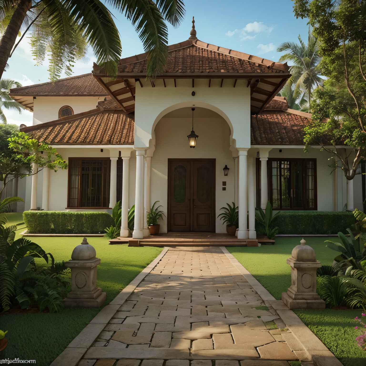 Architectural landscape tropical plants drive way, Kerala house, realistic ,hd,3d