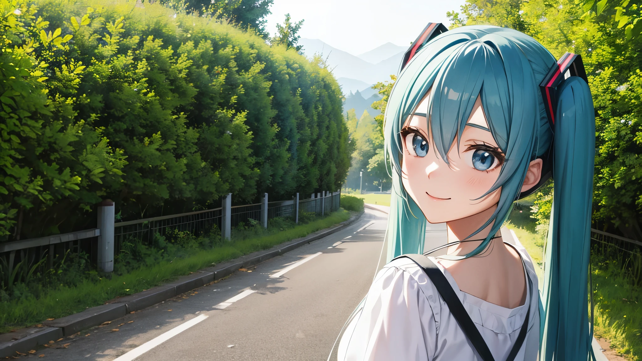 Two-dimensional characters、Hatsune Miku、Twin tails、smile、Traveling、Background of nature
