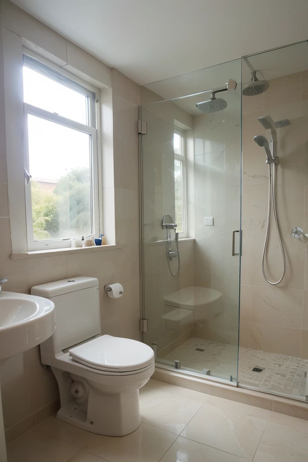Spacious modern bathroom, filled with natural light, with sink, toilet, window, and shower area