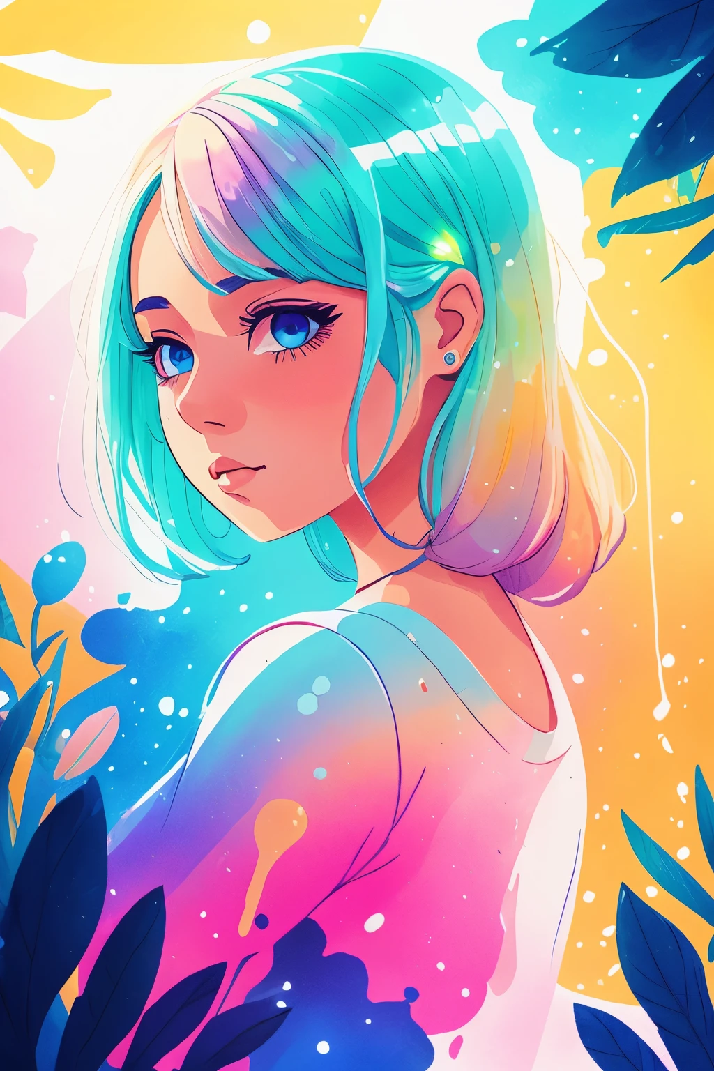 a woman,luminous design, pastel colours, ink drips, summer lights