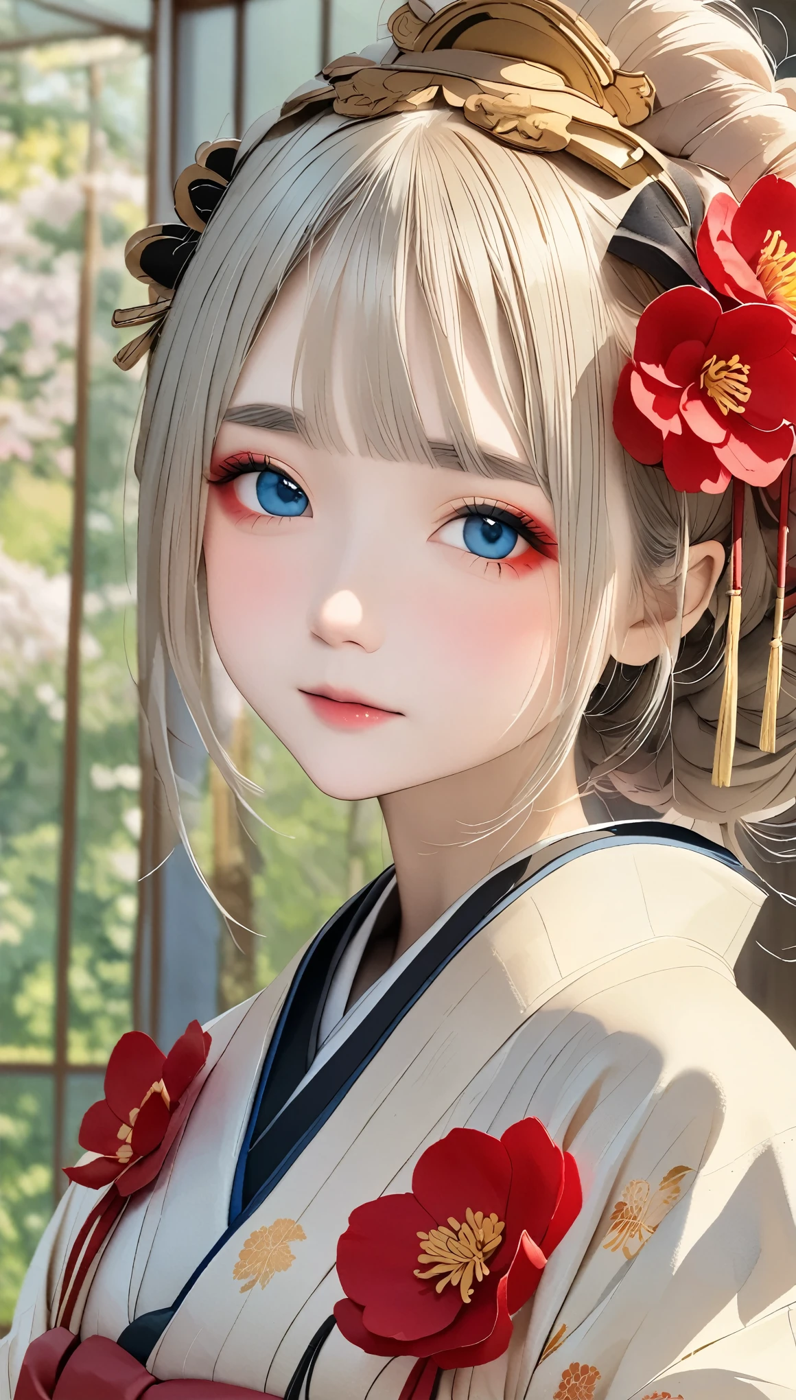 (((Full Body Angle:1.3、Random pose、Wabi-sabi、Japan human heart)))、Pale colors、Watercolor、Alafi wearing a kimono with a red flower headpiece, Geisha Makeup, Portrait of a Geisha画, Geisha Makeup, Cute Face、Thin eyebrows、Portrait of a Geisha, Beautiful Geisha, Japanese Geisha, Glamorous and sexy geisha, 美しいPortrait of a Geisha画, Portrait of a Geisha, Geisha hairstyle, remarkable Geisha Makeup、Horyuji Temple、Old temple in Japan、