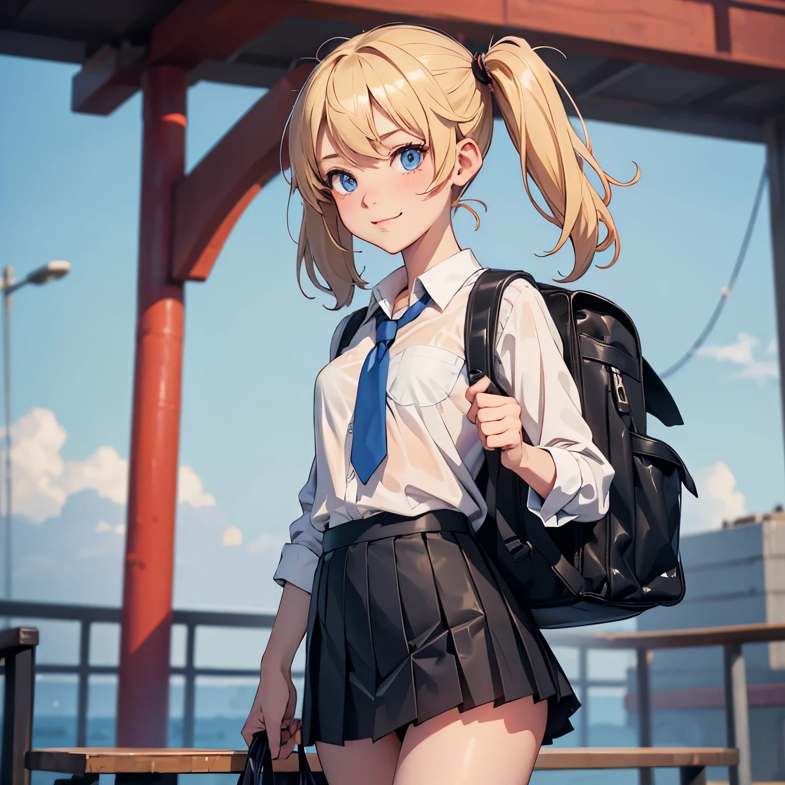 akizuki airi. oni chichi, masterpiece, highest quality, Very detailed, figure, Flat Color, Depth of written boundary, , , 1 girl, young, anime, Returning Home, full length, blonde, Twin tails, Looking at the audience, red pleated mini skirt, Wet white button-down shirt, , serafuku, Blue tie, No bra, black tights, Small backpack, Fine leather texture, Detailed fabric texture, Beautifully detailed face, blue eyes, A light smile, Pink Panties
