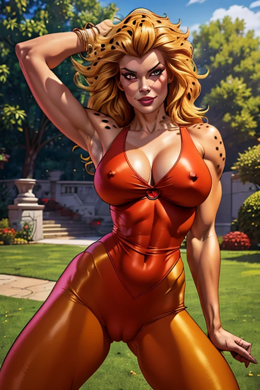 Masterpiece, raw, beautiful art, professional artist, 8k, very detailed face, very detailed hair, 1girl, Cheetara (cheetarahot), in her Thundercats suit, no labels, no branding, cameltoe, exercising, stretching, yoga poses, on New Thundera, on the lawn, (Cat's Lair in the background), perfectly drawn body, beautiful face, long hair, very detailed eyes, smiling, rosey cheeks, intricate details in eyes, puckered lips, perfect fit body, beautiful body, extremely detailed, intricate details, highly detailed, sharp focus, detailed skin, realistic skin texture, texture, detailed eyes, high resolution, kodak vision color, foto_\(ultra\), post-processing, maximum detail, roughness, real life, ultra realistic, photorealism, photography, absurdres, RAW photo, highest quality, high detail RAW color photo, professional photo, extremely detailed UHD 8k wallpaper unit, best quality, highres, (masterpiece, top quality, high resolution:1.4), photo, cinematic, film grain, sharp, soft natural light, magic photography, super detailed