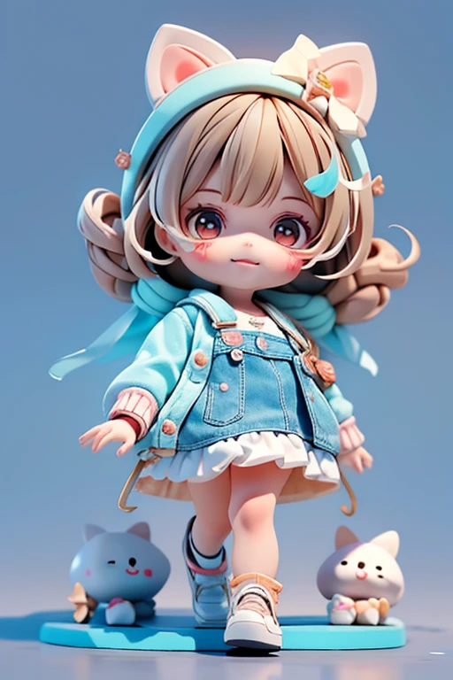 A series of smiling and cute baby chibi dolls with the theme of painting are created in detail in 8K resolution. All dolls must follow the same solid background pattern and be complete in the image. (Full body including legs: 1.5) He must have short curly hair of brown and black tones. His eyes should be large and bright, the eyelashes should be long, and the cheeks should be rosy. The paint on the denim should be worn as a coverall. He has a brush in his hand. To make it even more adorable and active, be sure to add details, colorful details and simple decorations, don't forget the sporty shoes, hair, shadows, textures, and details of each doll's clothes.