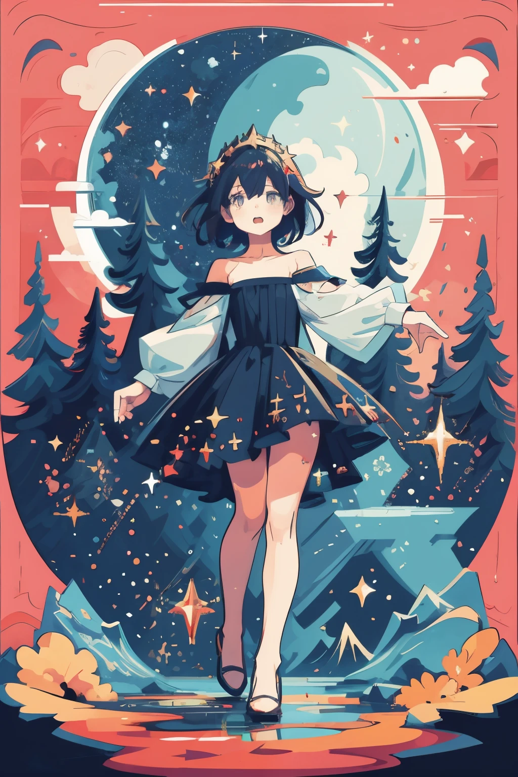 Black hair girl, Lots of stars around, Wear an off-the-shoulder dress, Lots of stars around, Night view, dark magic, Colorful hair, Four-head drill, short hair, Hair shaking, Red hair band, Colorful eyes, open mouth, Expressionless, teeth, excited, Baroque, Stereogram, Halftone, Standing picture, Vanishing point, Ultra HD, textured skin, high resolution, High Detail, masterpiece