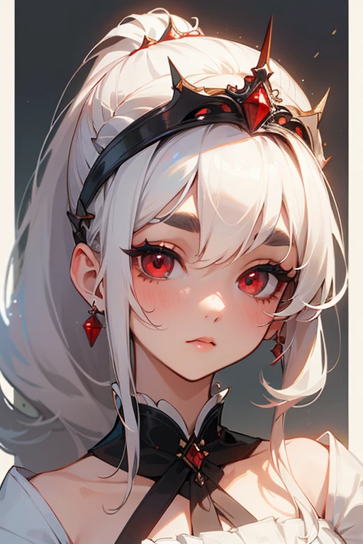 (highest quality, masterpiece:1.2), High resolution, Very detailed, Realistic:1.37, Fantasy, An illustration, Hair is whiteいです、Red eyes、Queen, White Dress.Platinum decoration、beautifully、Eyeshadow Red、Thick eyebrows、Long eyelashes、pupils are black、Hair is whiteい、Kissing Face、Embarrassing、Loved、ponytail、Hair is white、very cute、Shoulder Bare、platinum tiara、