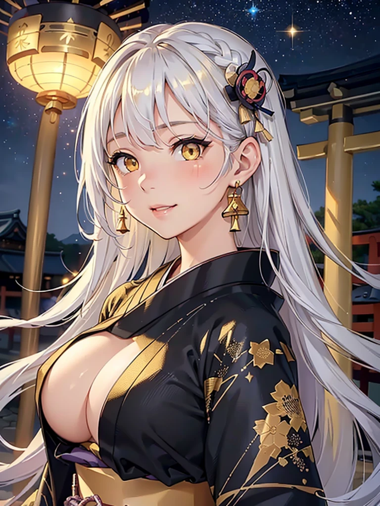 masterpiece、highest quality、High resolution、high quality images、8K, 1 female、skin luster、skin texture、Expression of fine eyes、Girl with long braided hair, realism, Detailed manga style, manga art style, perfect line drawing, beautiful line drawing, digital manga art girl,
(beautiful golden eyes:1.5), Clear, beautiful eyes、plump lips, Detailed gorgeous face, (cute smile), charm, Front view, (perfectly detailed face), (fine hands) 、(Five fingers:1.3)、photorealistic images, Depth of written boundary, face forward , night sky , night view ,beautiful starry sky , romanticism、(Taisho Era、japanese black and golden kimono:1.5)、(large breasts:1.35)、blush、(white Hair:1.3)、Gorgeous blue sparkling earrings、Gorgeous gold bracelet、Gorgeous gold anklets、(oblong face:1.5)、(Sparkling Glitter:1.2)、Bangs between the eyes、(portrait:1.6)
Graceful、Kyoto street、Moon Night,The beautiful old town of Kyoto、(Hands should be hidden behind the body:1.4)、Hairpin:1.3