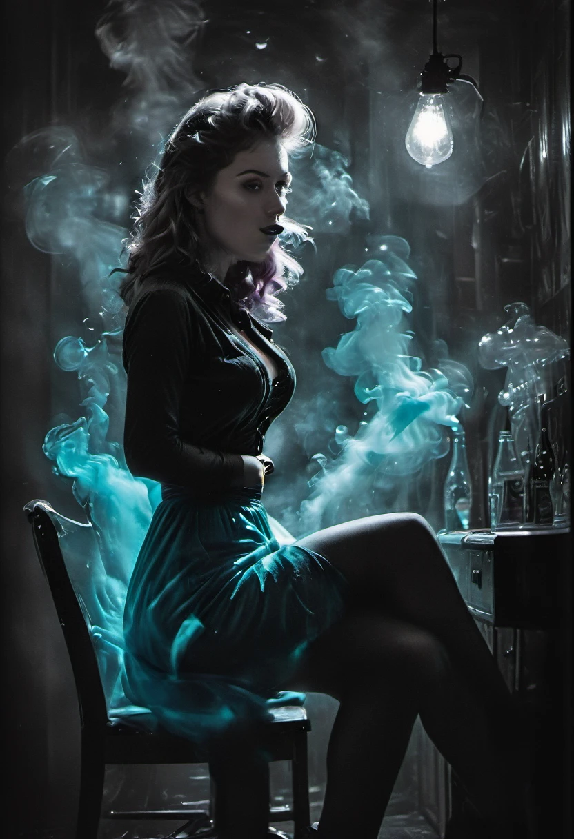 20 years old girl  bombshell lookalike, sitting on the chair, vintage,  retro pin up style,sexy, mouth O, surprised, up skirt, flowing skirt,  colorful , masterpieces, illustrated,ambr1, large breasts, High-key lighting Style


