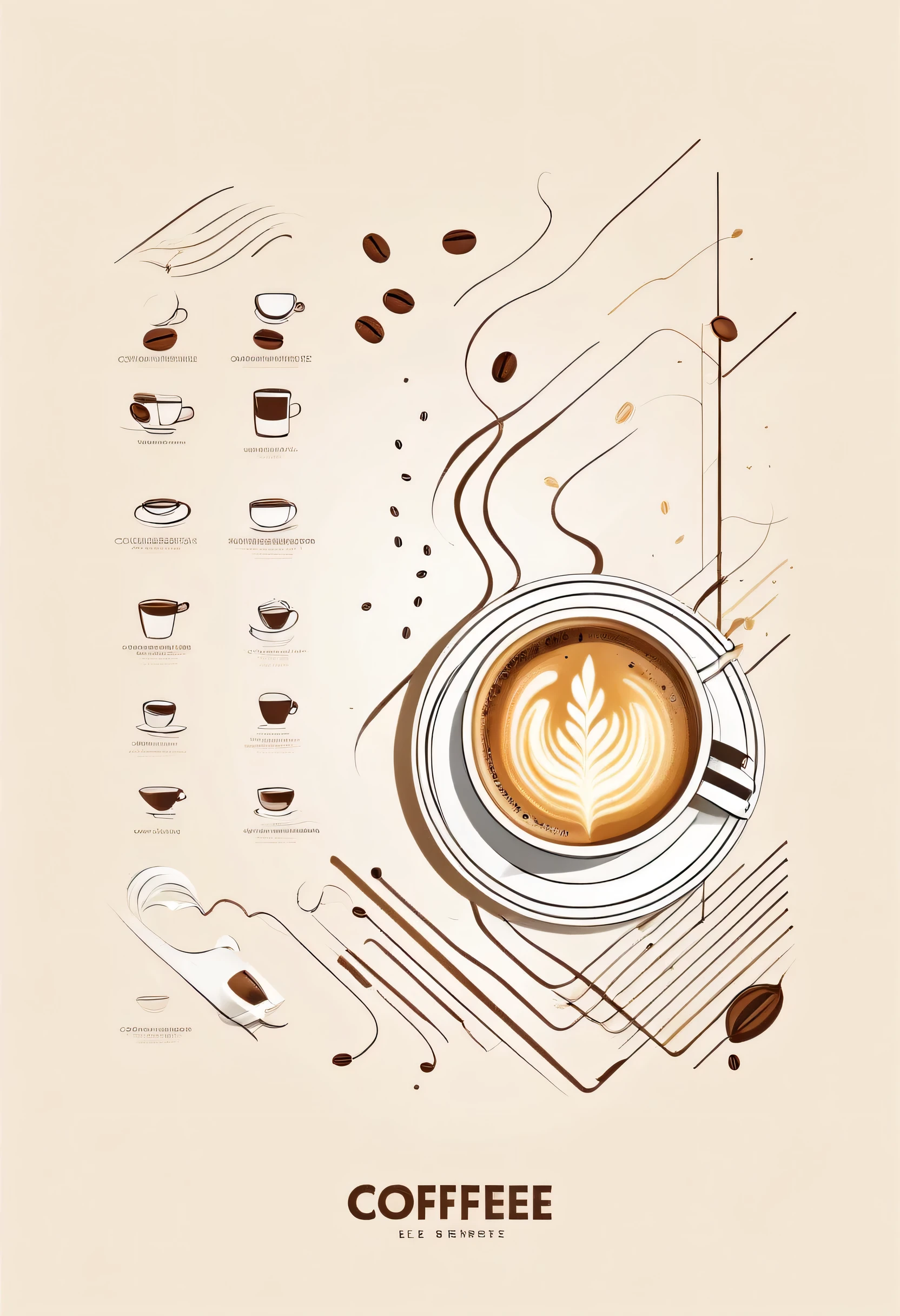 (cover,coffee elements,detailed coffee elements, clean minimal background, flat design,vector illustration, diagram, detailed 2D illustrations, graphic illustration, digital illustration, digital artwork, textless poster, simple brushstrokes)