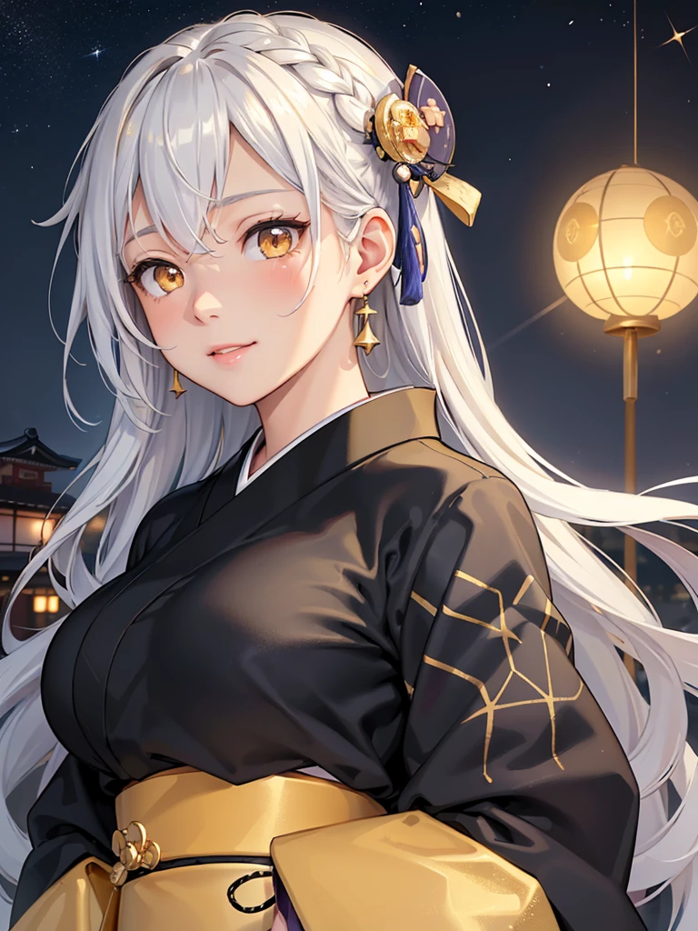 masterpiece、highest quality、High resolution、high quality images、8K, 1 female、skin luster、skin texture、Expression of fine eyes、Girl with long braided hair, realism, Detailed manga style, manga art style, perfect line drawing, beautiful line drawing, digital manga art girl,
(beautiful golden eyes:1.5), Clear, beautiful eyes、plump lips, Detailed gorgeous face, (cute smile), charm, Front view, (perfectly detailed face), (fine hands) 、(Five fingers:1.3)、photorealistic images, Depth of written boundary, face forward , night sky , night view ,beautiful starry sky , romanticism、(Taisho Era、japanese black and golden kimono:1.5)、(large breasts:1.35)、blush、(white Hair:1.3)、Gorgeous blue sparkling earrings、Gorgeous gold bracelet、Gorgeous gold anklets、(oblong face:1.5)、(Sparkling Glitter:1.2)、Bangs between the eyes、(portrait:1.6)
Graceful、Kyoto street、Moon Night,The beautiful old town of Kyoto、(Hands should be hidden behind the body:1.4)、Hairpin:1.3、holding a golden ball in hand