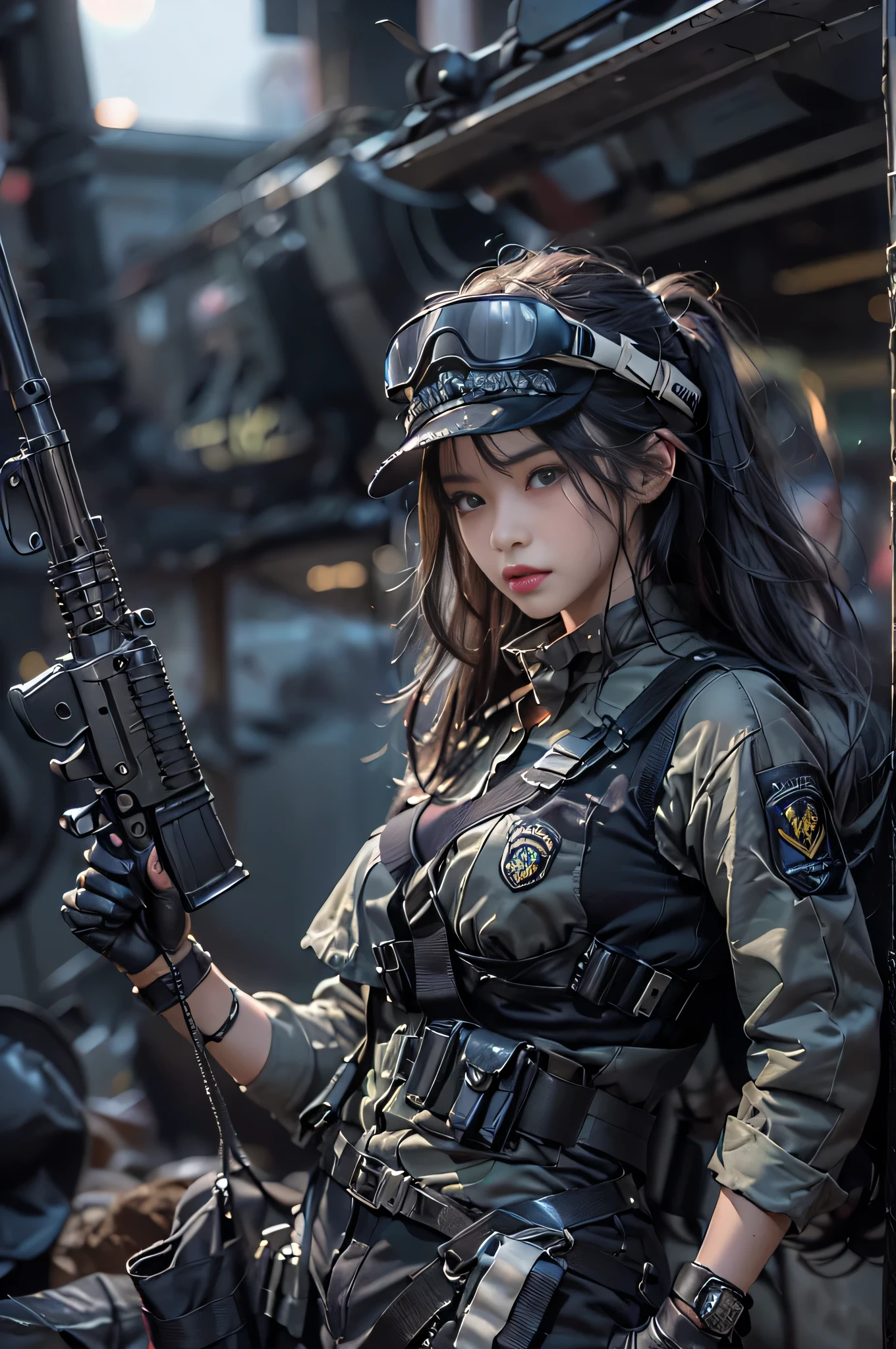 ((Highest image quality, excellent details, Raw photo、Ultra-high resolution), (Realism: 1.4), favor details, Shining beautiful girl, with a delicate and beautiful face, ((Cowboy Shot)), (cool expression、Nervousness、adrenaline、Super cool woman), (Black Racing Suit、Special Forces、Ranger Squad Members、I like police uniforms, Black and gray mechs, Wearing a military harness, holding a machine gun), (A large number of equipment、magazine、Night vision goggles、holster、)、((Secret bases of underground terrorists、Combat stance、gun fight))