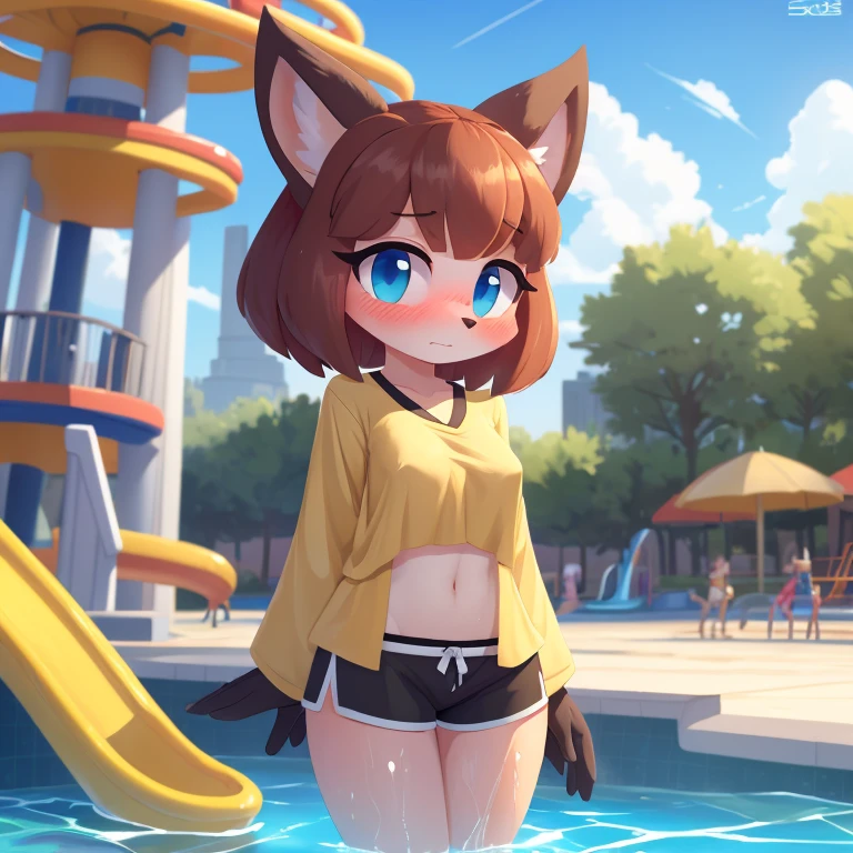 Score_9, score_8up, highres, 1girl, lop \(star wars visions\), furry, shy, meek, yellow oversized shirt, black bikini strap, shorts, small breasts, blushing, water park