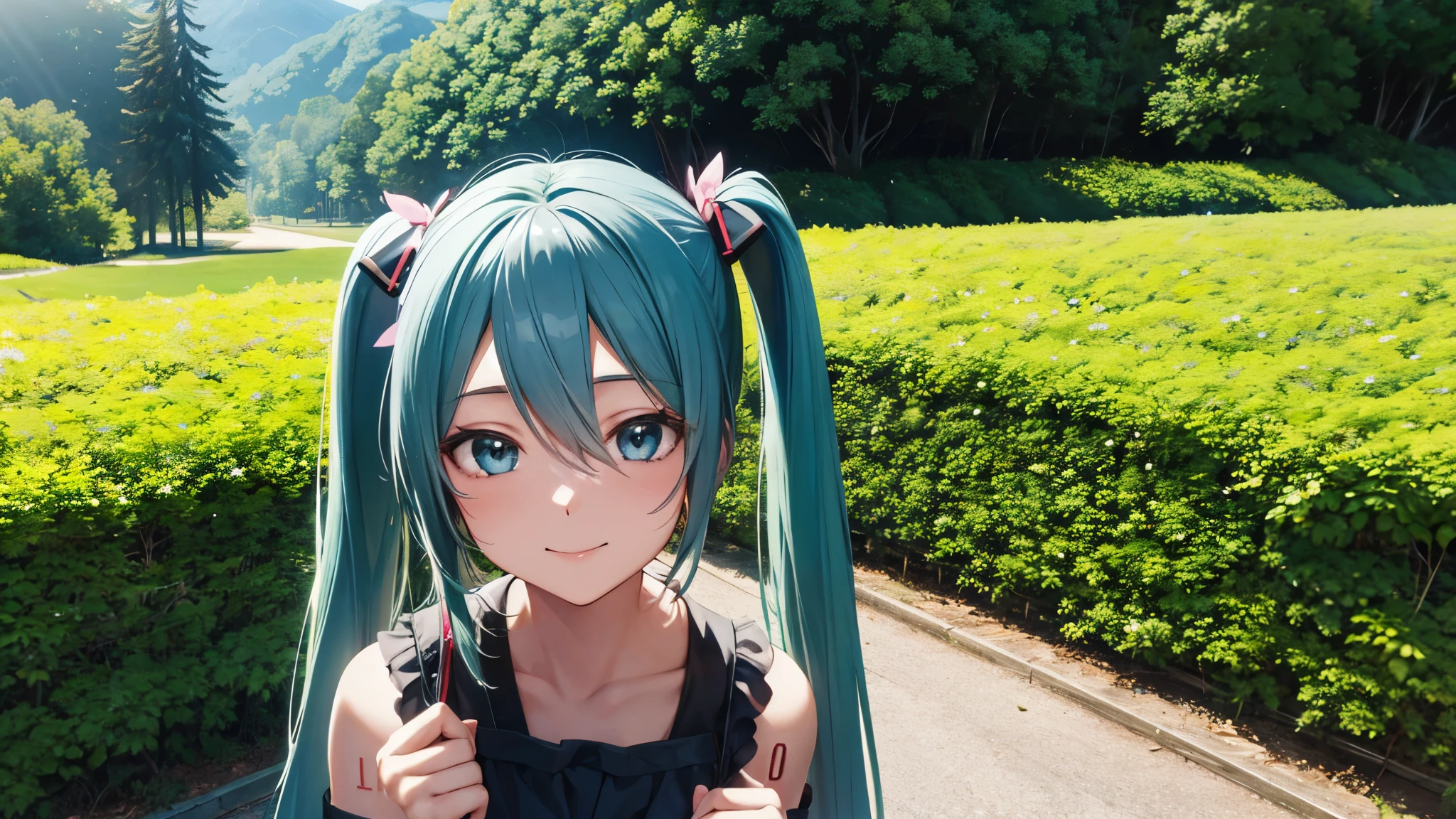 Two-dimensional characters、Hatsune Miku、Twin tails、smile、Traveling、Background of nature