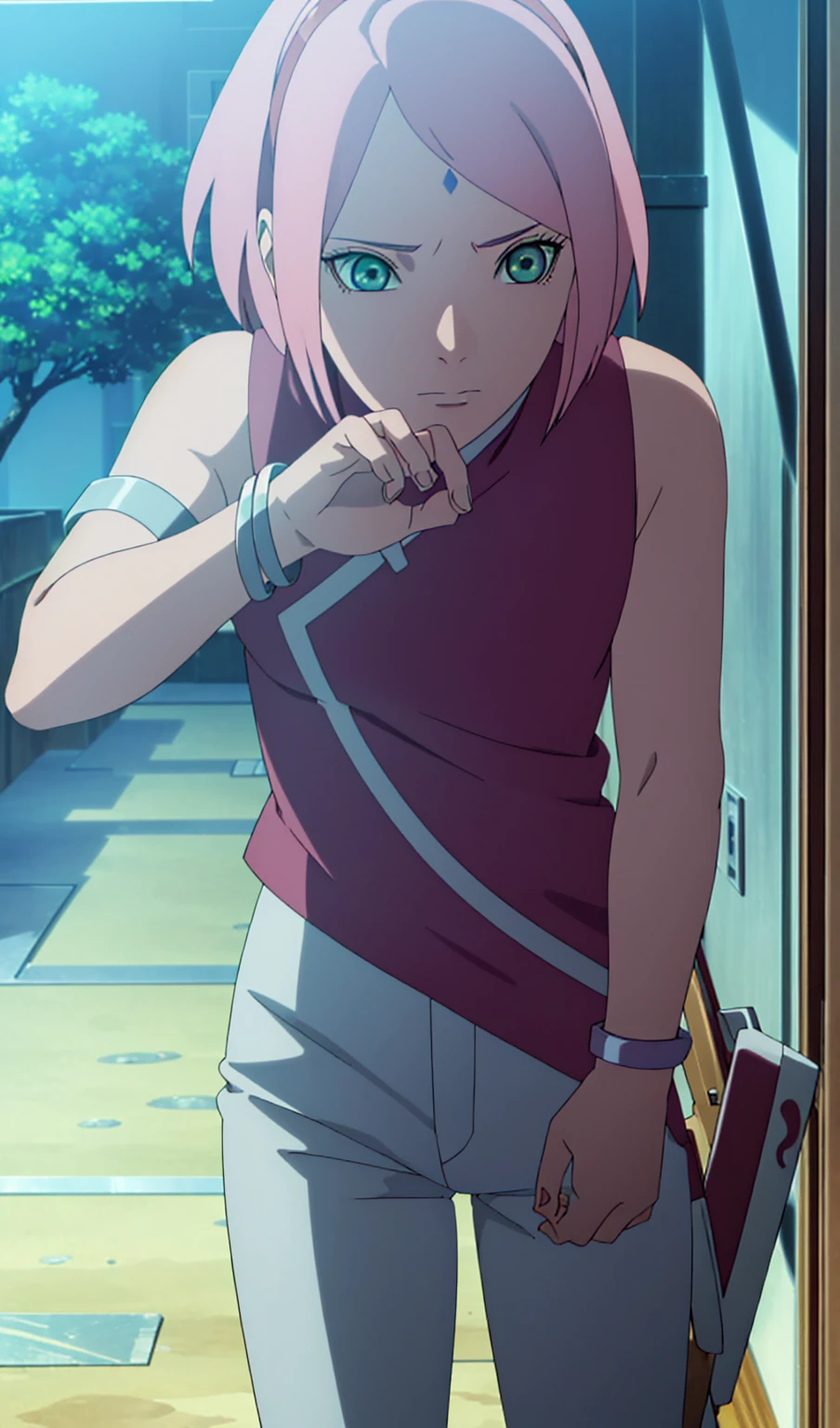 sakuraharuno, sakura uchiha, haruno sakura, short hair, (Green Eyes:1.3), Pink Hair, Facial blemishes, Forehead mark, hair band,
break jewelry, No sleeve, pants, bracelet, Sandals, Closed-toe footwear, white pants, dress, red dress,Big 、Close-up of a person、
break outdoors, city, sun, null, cloud,
break looking at viewer, (Cowboy Shot:1.5),
break (masterpiece:1.2), highest quality, High resolution, unity 8k wallpaper, (figure:0.8), (Beautiful fine details:1.6), Highly detailed face, Perfect lighting, Highly detailed CG, (Perfect hands, Perfect Anatomy),
