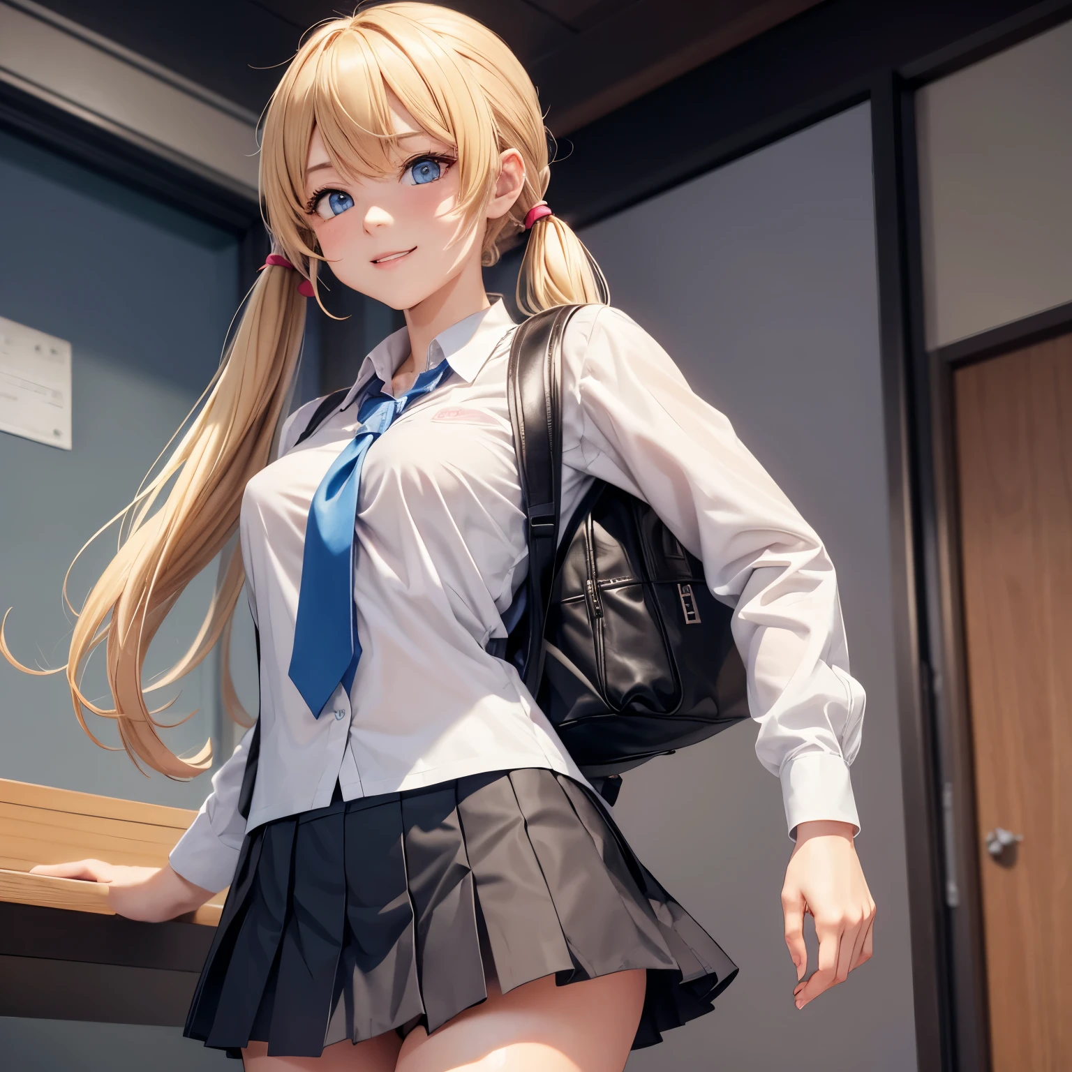akizuki airi. oni chichi, masterpiece, highest quality, Very detailed, figure, Flat Color, Depth of written boundary, , , 1 girl, young, anime, Returning Home, full length, blonde, Twin tails, Looking at the audience, red pleated mini skirt, Wet white button-down shirt, , serafuku, Blue tie, No bra, black tights, Small backpack, Fine leather texture, Detailed fabric texture, Beautifully detailed face, blue eyes, A light smile, Pink Panties
