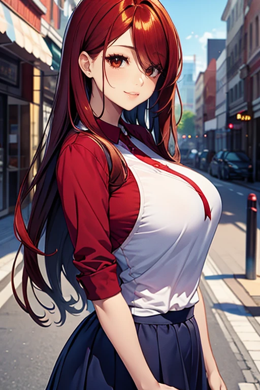((In the style of a hentai)), (Masterpiece, Best quality), (( intricate Face, bright eyes )), BREAK, brown eyes, red hair, long hair, wavy hair, hair over one eye, BREAK, red shirt, blue skirt, big breasts, big smile, BREAK, cityscape background, yandere
