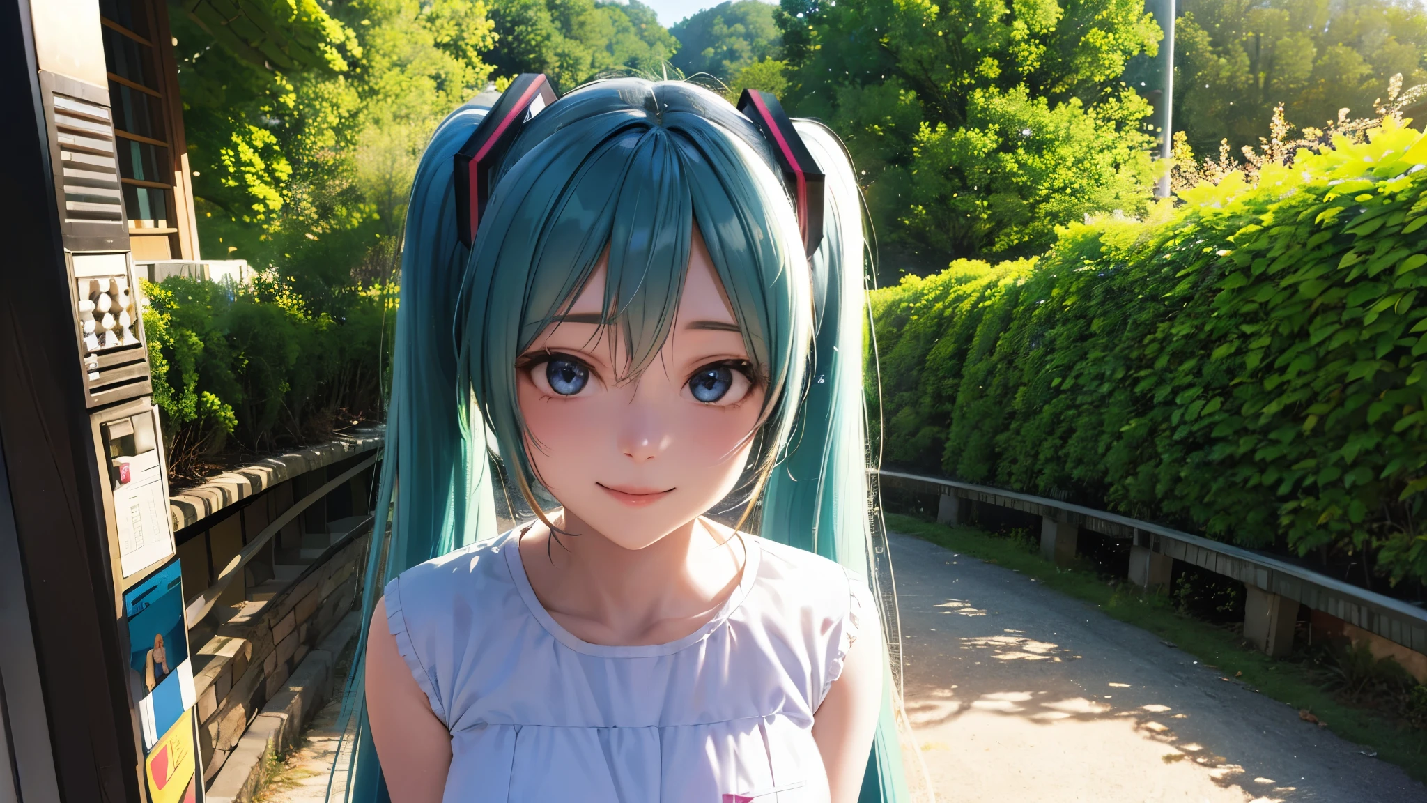 Two-dimensional characters、Hatsune Miku、Twin tails、smile、Traveling、Background of nature