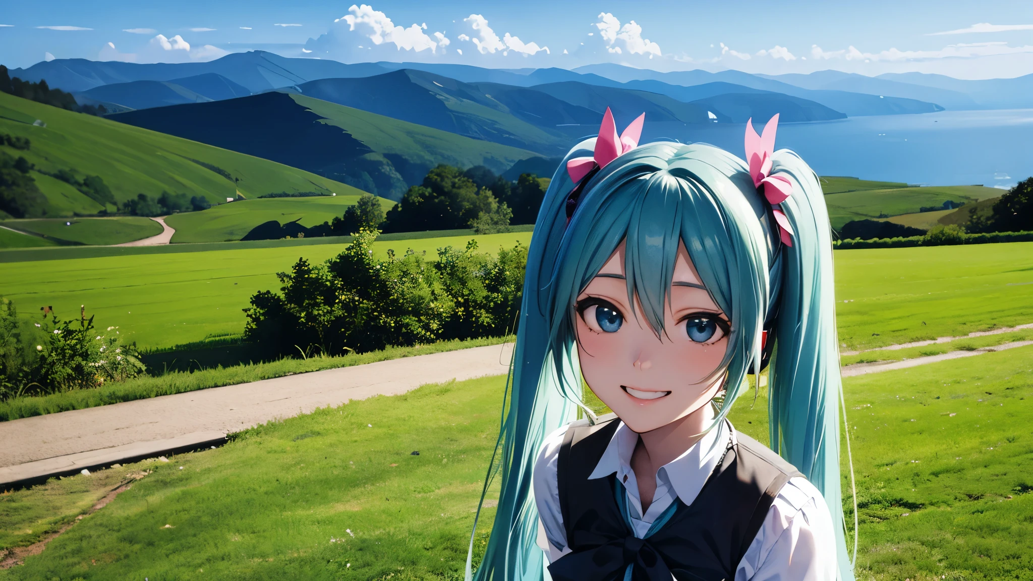 Two-dimensional characters、Hatsune Miku、Twin tails、smile、Traveling、Background of nature