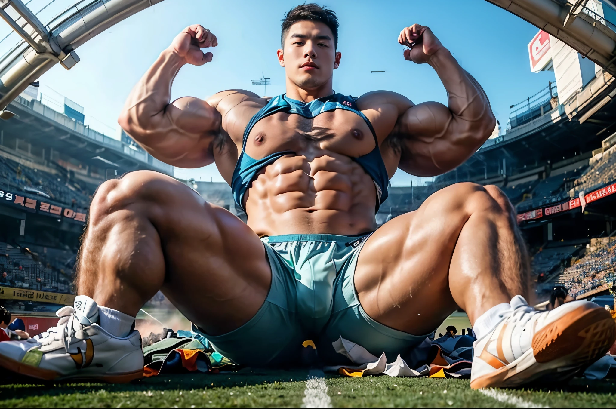 (masterpiece), ((cute korean guy:1.4)), a giant asian guy, handsome korean guy, wearing tight brief, wearing brief, (wearing sneakers:1.2), very big muscles, massive muscles, (small buildings:1.2), ((sitting, leg spread,)), perfect hands, muscles, abs, hd, 8k, looking at the viewer, perspective, destroying football field