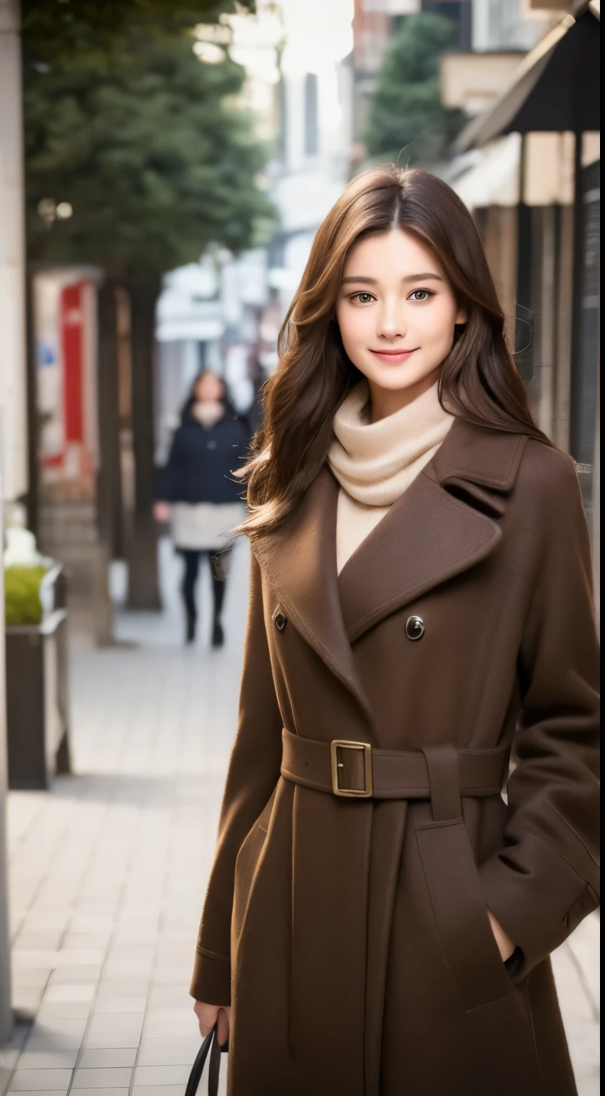 ((best quality, 8K, masterpiece :1.3)), 1 Girl, Smile, whole body, Thin face, pretty Woman, (Dark brown hair), full length dress :1.1, Ultra-fine face, delicate eyes, Double eyelids,  Blurred Background, Thin face, City, external, street,Wearing a cashmere coat