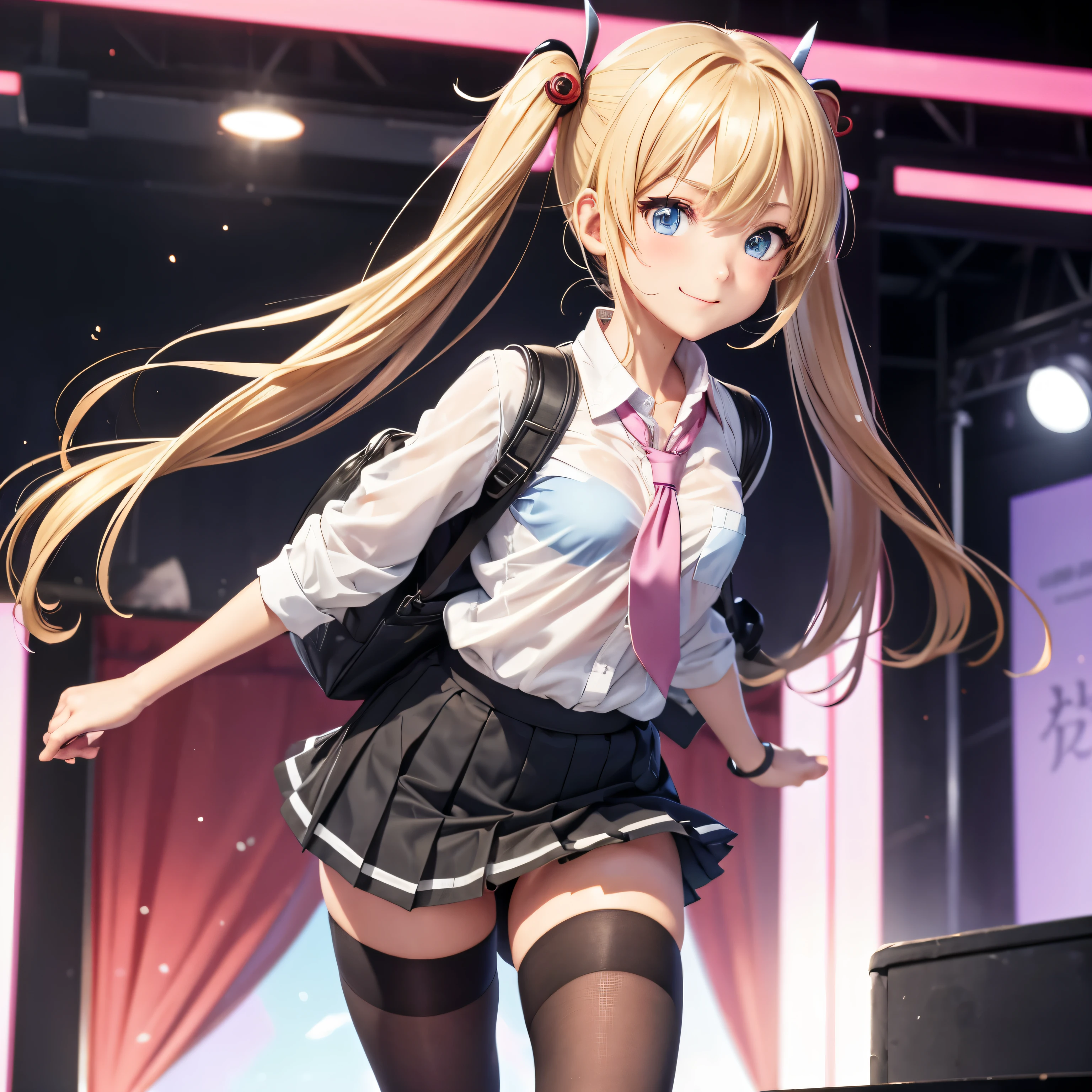 akizuki airi. oni chichi, masterpiece, highest quality, Very detailed, figure, Flat Color, Depth of written boundary, , , 1 girl, young, anime, Returning Home, full length, blonde, Twin tails, Looking at the audience, red pleated mini skirt, Wet white button-down shirt, , serafuku, Blue tie, No bra, black tights, Small backpack, Fine leather texture, Detailed fabric texture, Beautifully detailed face, blue eyes,  A light smile, Pink Panties