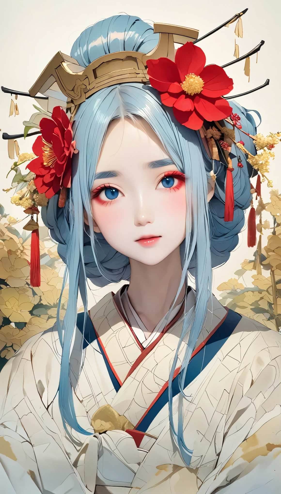 (((Full Body Angle:1.3、Random pose、Wabi-sabi、Japan human heart)))、Pale colors、Watercolor、Alafi wearing a kimono with a red flower headpiece, Geisha Makeup, Full body angle、Portrait of a Geisha画, Geisha Makeup, Cute Face、Thin eyebrows、Portrait of a Geisha, Beautiful Geisha, Japanese Geisha, Glamorous and sexy geisha, 美しいPortrait of a Geisha画, Portrait of a Geisha,Full body angle、 Geisha hairstyle, remarkable Geisha Makeup、The background is Horyuji Temple、Old temple in Japan、