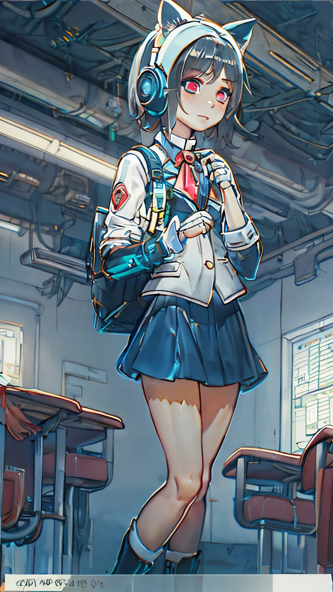 My girlfriend is a military combat robot disguised as a student and lurking in the classroom，Full body portrait，No expression, no reaction, eyes dull，expressionless face，Seriously，Vibrant fair complexion，smooth skin，bright red eyes，Dark blue full-cover cat ear headphones，Dark blue swimsuit，Dark blue collar, dark blue miniskirt, white kagamine bell sailor suit，sleeveless，Strapless，exposed，Expose，Exposed breasts，Exposing belly，Backless，flat chest，Flat chest，Toned abdominal muscles，Strong abdominal muscles，Short stature，Luo Li，，Kindergarten，Thin legsefoot，No shoes，no socks，thin waist，long fingers