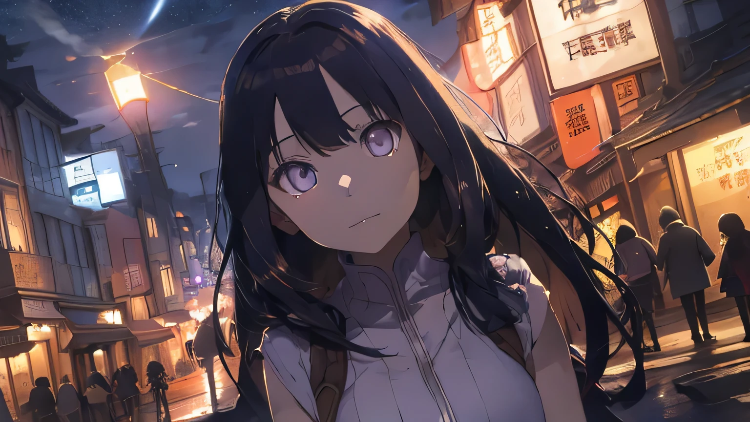 City Street。stroll。anime。Cute older sister。night。Blue Moment。Beautiful light blue night sky。anime style。Gentle lines。Upper Body。front。Looking into the camera。Please show me the wonderful scenery (highest quality, High resolution, Realistic), Vibrant colors, Professional Lighting.