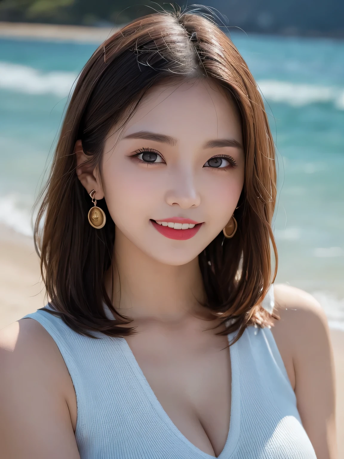 Beautiful college girl in the city, 21 years old, masterpiece, light makeup, red lips, brown hair, widely tousled, shot on the beach in the daytime, professional photographer, perfect job, beautiful and elegant. Very fine details, masterpiece, real texture, realism of movie lighting, perfect work, 16k, high resolution, exquisite facial features, blue eyes, crisp cute eyes, cute woman, model body, looking at camera, winking, Japanese idol, beautiful face, nice smile, chestnut neighbor, beautiful hair, charm, big breasts, erect nipples, cleavage, thick muscles, glowing skin, white skin, oily skin, oily skin, sexy knit dress, sexy Beautiful legs, sparkling big eyes, cute dimples, soft skin, wet earrings, collars, tattoos, dripping wet, transparent nipples emerging from the sea,