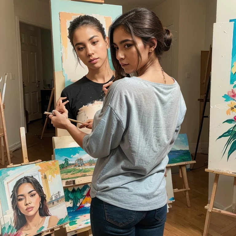 camera form behind,instagram model pose,beautiful Latina,painting,brush on hand,clothed,colors,working on a painting,learning to pain,begginer artist