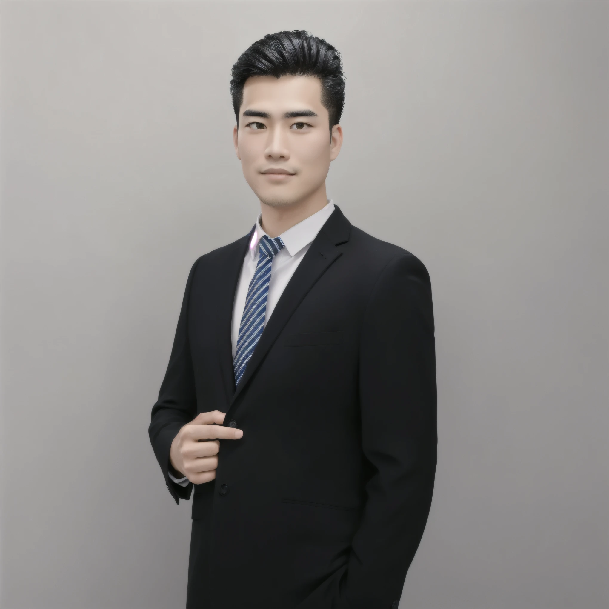A well-groomed Asian man in a black suit, wearing a tie, striking a pose and taking a professional headshot. The man has a handsome face with a clean-shaven appearance. He has neatly combed hair and is looking directly at the camera with a confident expression. The background is a clean and professional setting, such as a studio or an office. The lighting is soft and evenly distributed, highlighting the man's features and creating a flattering effect. The image quality is of the highest standard, with sharp details and vibrant colors. The overall style is realistic and sophisticated, capturing the professionalism and elegance of the subject. The color tone is slightly cool, with a hint of warmth to add depth to the image. [professional headshot], [confident expression], [clean-shaven], [neatly combed hair], [studio or office setting], [soft and even lighting], [sharp details], [vibrant colors], [realistic and sophisticated style], [slightly cool color tone], [hint of warmth].