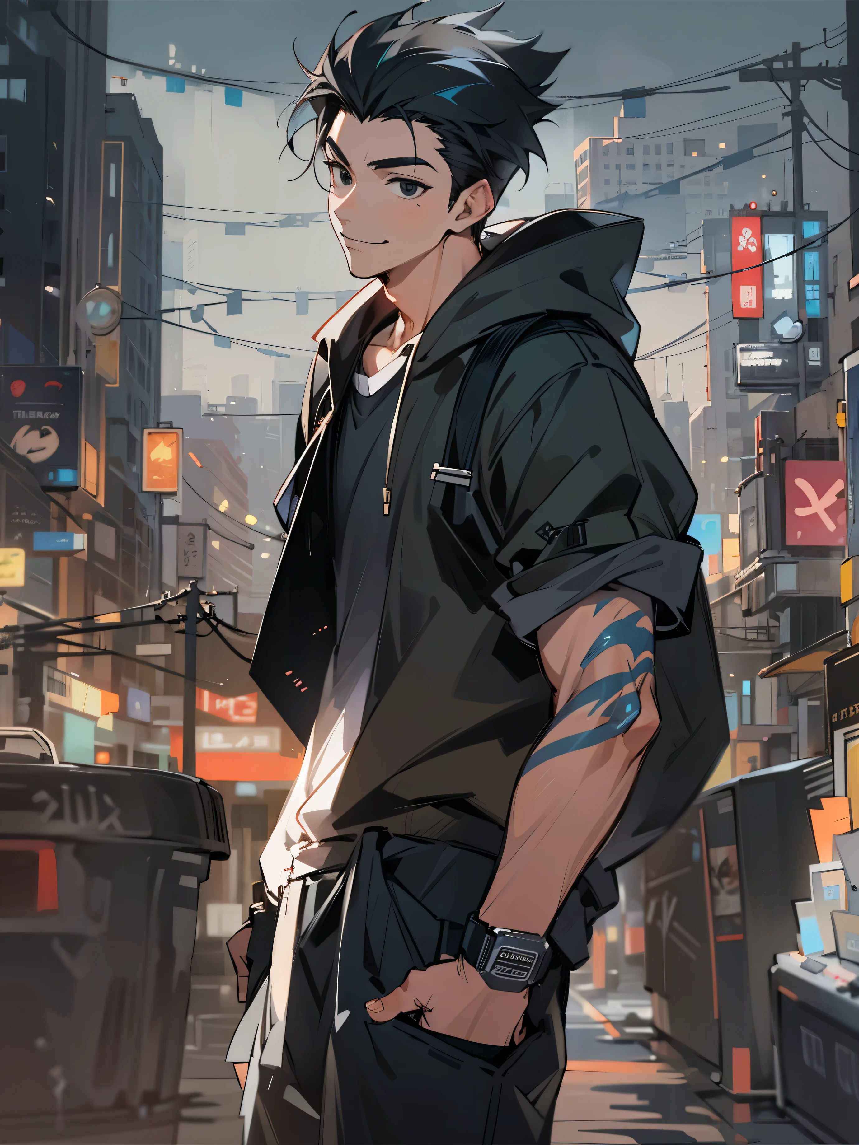 1male, Teen, Muscular, Black Eyes, Black Hair, Short Hair, Scar On Face, Smirk, Confident Expression, Pony Tail, Baggy Black Pants, Baggy T-Shirt, City
