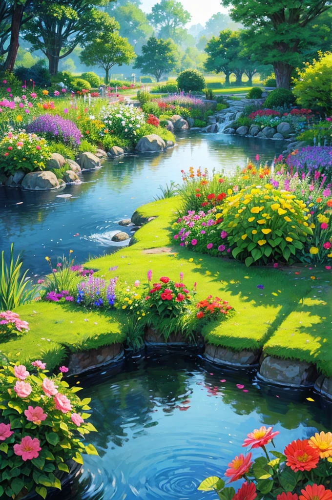 Pixelart generates a beautiful and tranquil image of a garden, There are colorful flowers, gentle stream, And the sounds of nature. Show tranquility, Life, and the beauty of a perfect day.