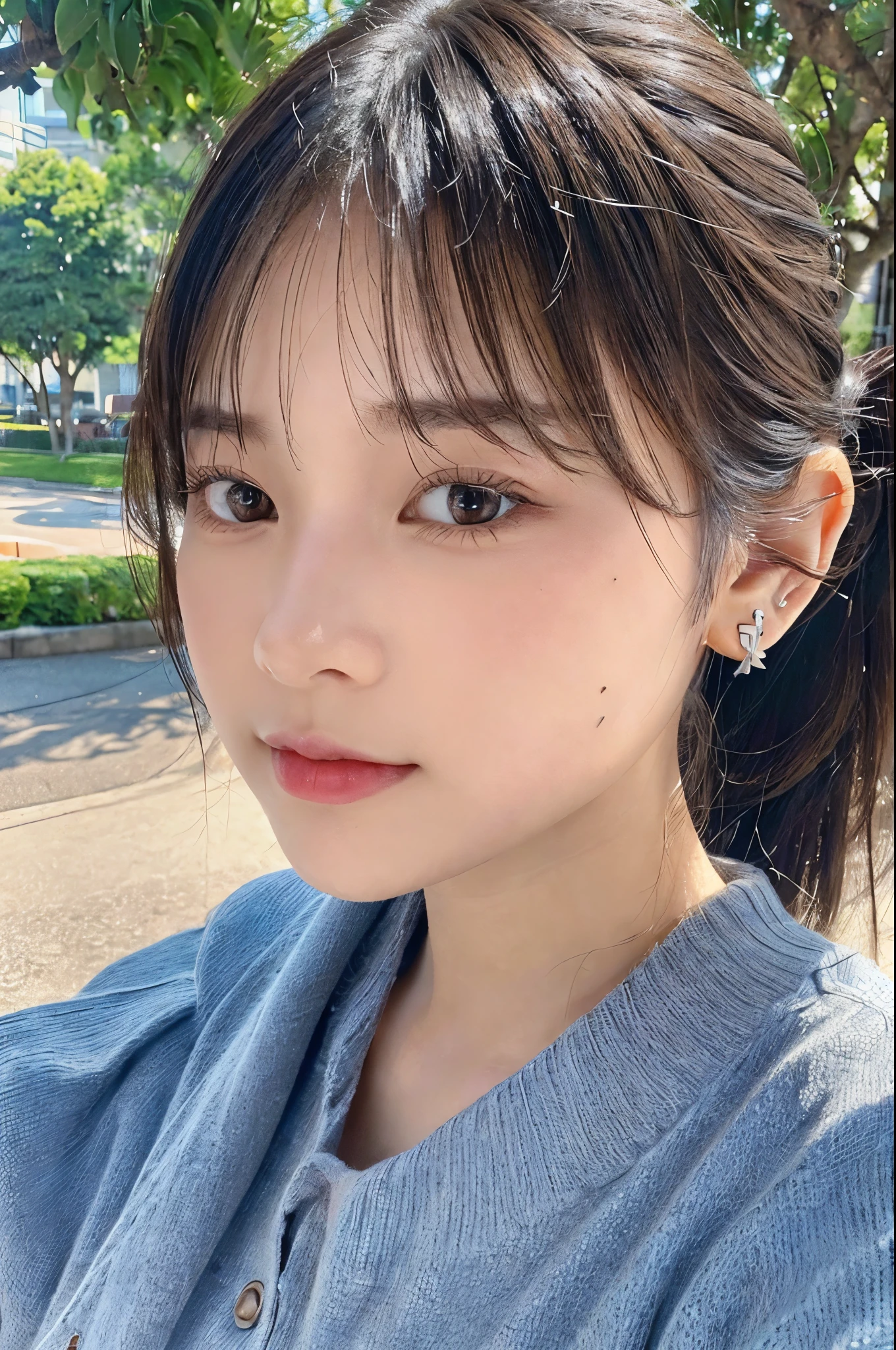 (the Extremely Detailed CG Unity 8K Wallpapers, masutepiece, Ultra-detailed, Looking at the camera:1.2, Light on Face:1.5, Gray background, (profetional lighting), Lives in Japan 20old Female、short-hair, A dark-haired, Plump facial contours:1.5, (tthin eyebrows:1.25), Big shining eyes, Undersized nose, Soft mouth, slender physique, Sincere impression, noble mix fix v3.0, The background is a park、clouds in the blue sky、ponytail, mole under eye, earrings, Hair blowing in the wind                  , close-up, Best Quality, masterpiece, textured skin, super detail, high details, high quality, best quality, 8k