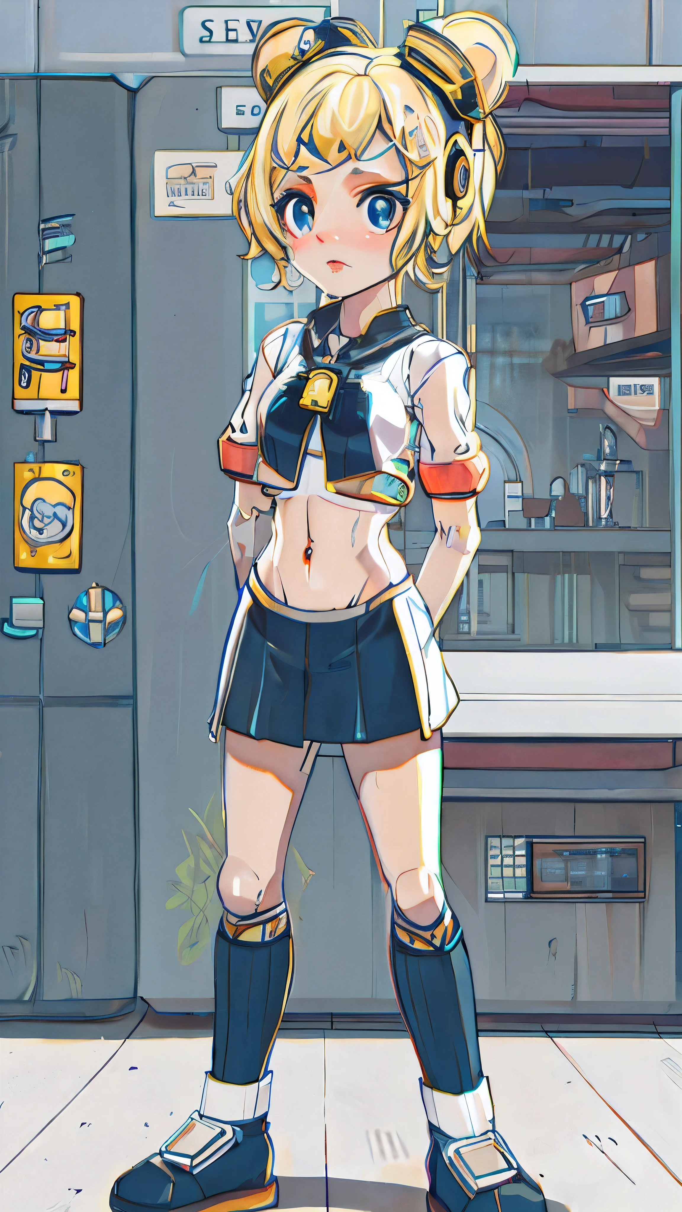 My girlfriend is a female supermarket support robot，Full body portrait，No expression, no reaction, eyes dull，expressionless face，Seriously，Vibrant fair complexion，smooth skin，bright red eyes，Dark blue full-cover cat ear headphones，Dark blue swimsuit，Dark blue collar, dark blue miniskirt, white kagamine bell sailor suit，sleeveless，Strapless，exposed，Expose，Exposed breasts，Exposing belly，Backless，flat chest，Flat chest，Toned abdominal muscles，Strong abdominal muscles，Short stature，Luo Li，primary school student，Kindergarten，Thin legs，barefoot，No shoes，no socks，thin waist，long fingers